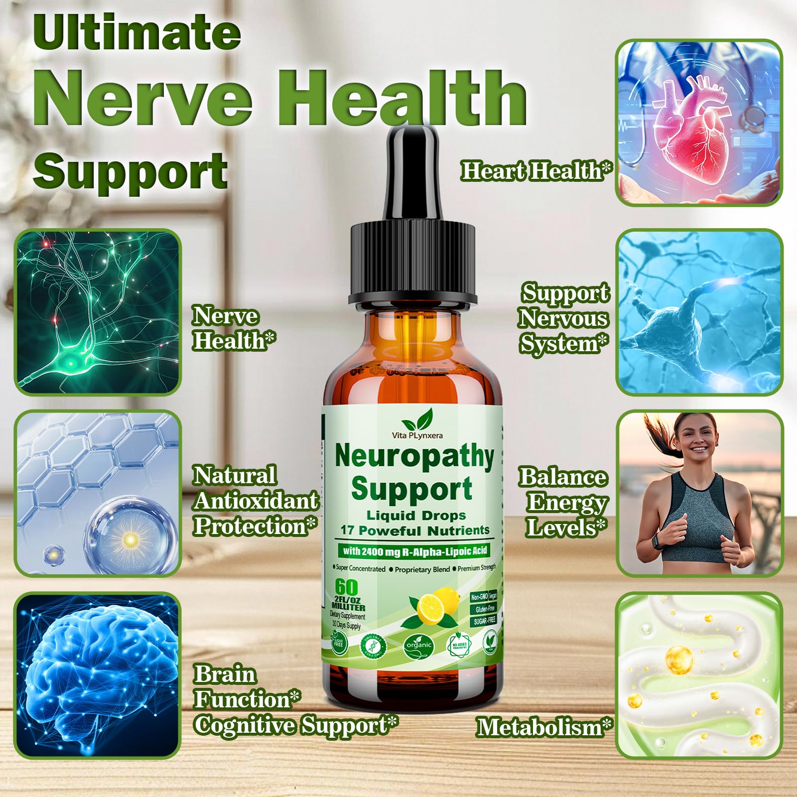 Neuropathy Supplements Liquid Drops, Advance 17-in-1 Stabilized R-Alpha Lipoic Acid (R-ALA) w. Acetyl L-Carnitine Vitamin B-Complex Magnesium, High Potency R-Lipoic Acid for Nerve Antioxidant Energy Vita PLynxeraAu supplements