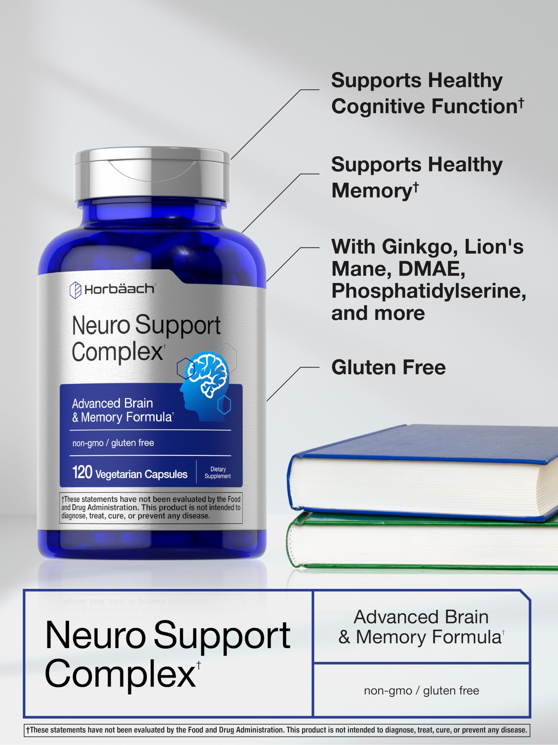 Horbäach Brain Supplement | 120 Capsules | with Phosphatidylserine & DMAE | Advanced Formula for Memory, Focus, Clarity | Vegetarian & Gluten Free | Neuro Support HorbäachAu supplements
