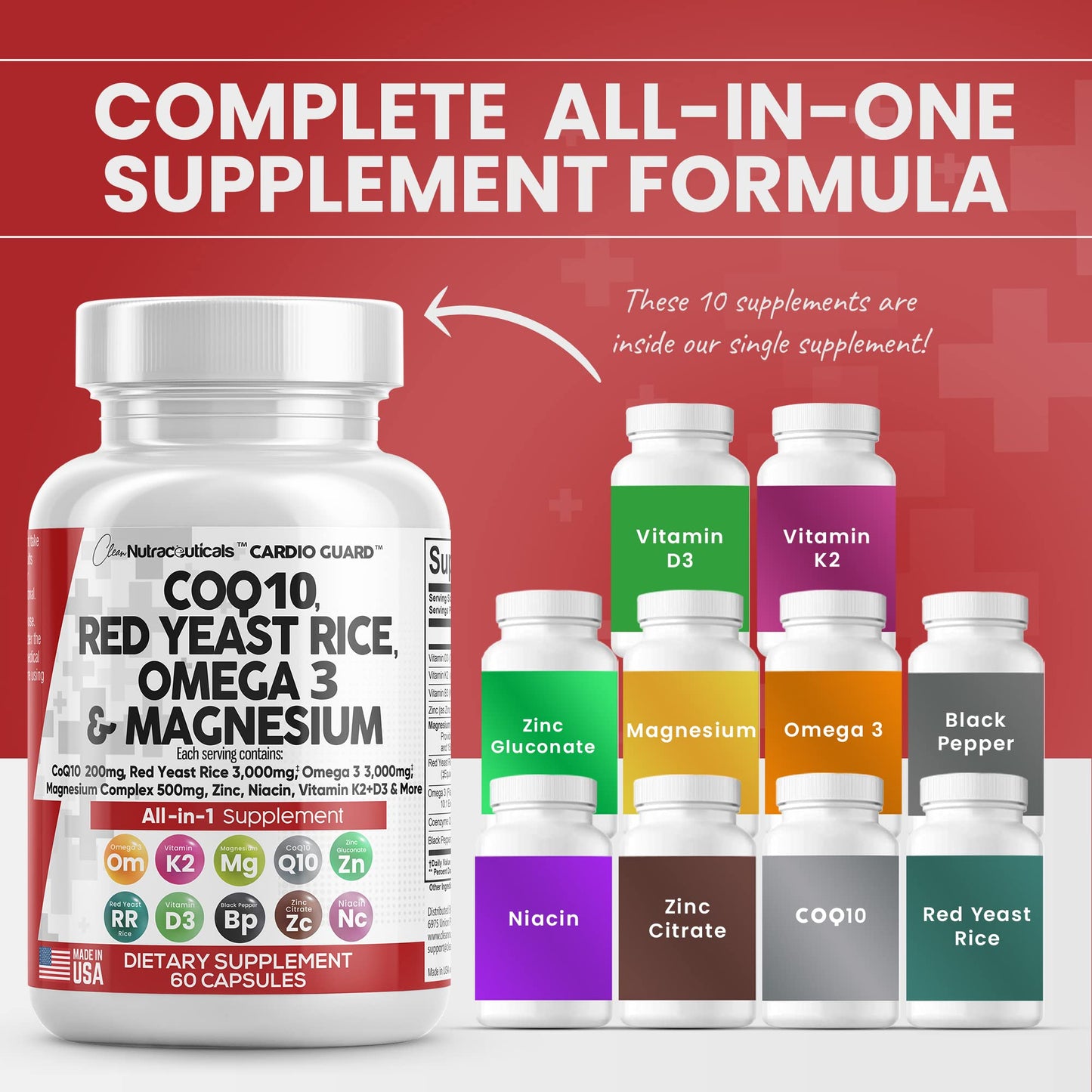 COQ10 200mg Red Yeast Rice 3000mg Omega 3 3000mg Magnesium Clean NutraceuticalsUS supplements