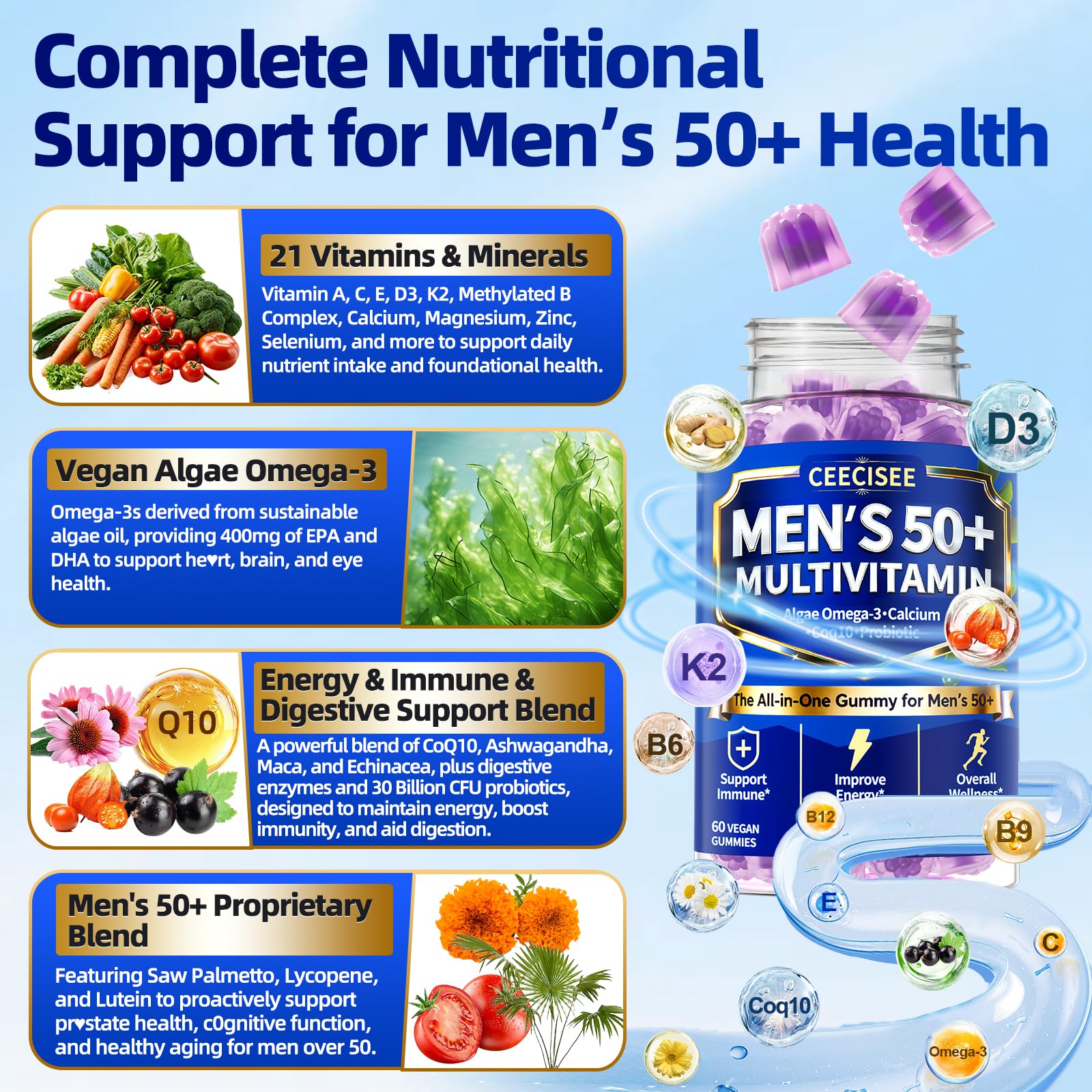 Ceecisee Methylated Multivitamin for Men Over 50: Daily Mens Multivitamins Gummies with Omega Probiotic Magnesium Zinc Vitamins D3 B12 - Energy Immune Support No Iron Vitamins Gummy for Men(60Count) CeeciseeAu supplements