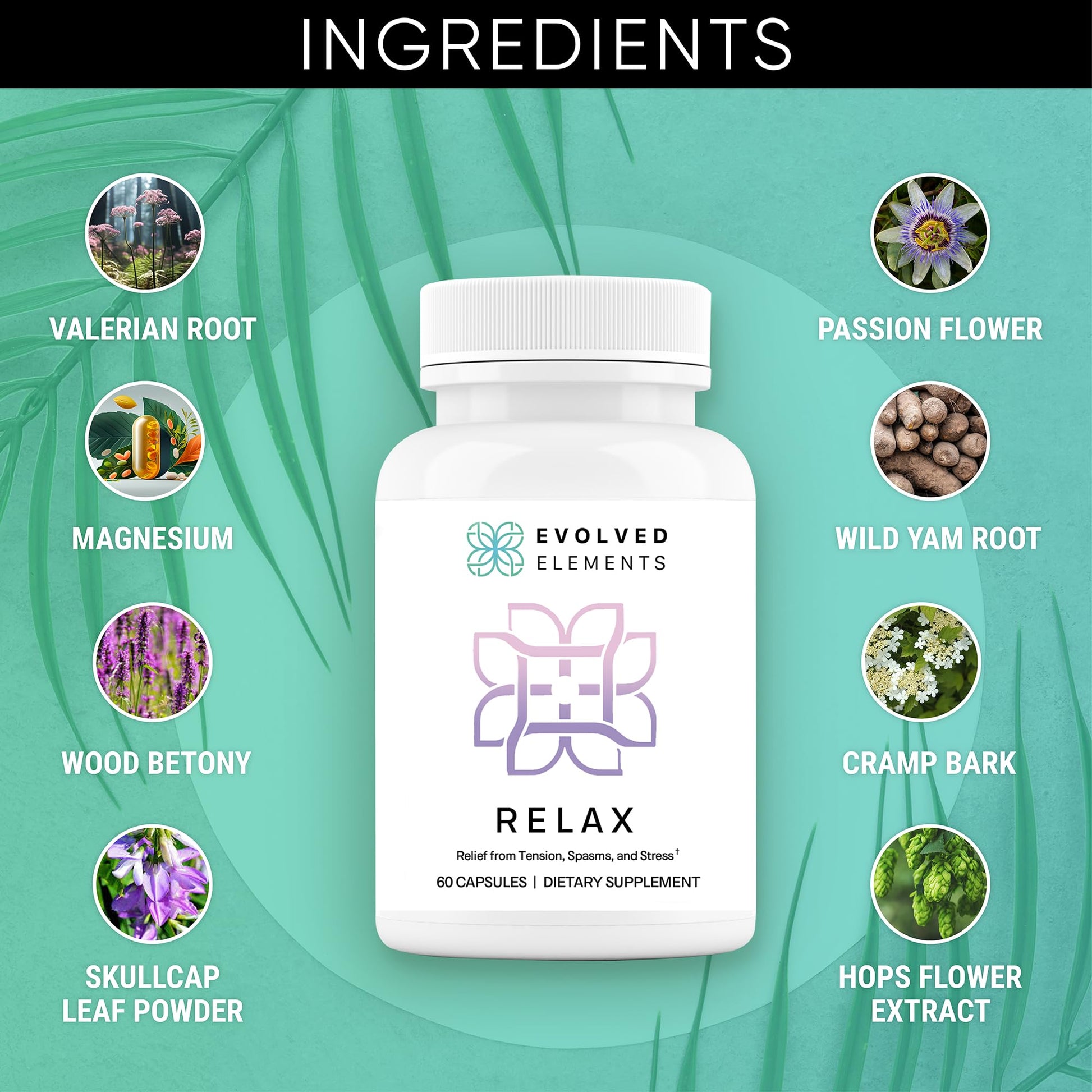 Evolved Elements All-Natural Muscle Relaxer | 60 Capsules | Spasm Relief with Magnesium, Passion Flower, and Valerian Root | Relieves Muscle Spasms, Tension, and Promotes Calmness Evolved ElementsAu supplements