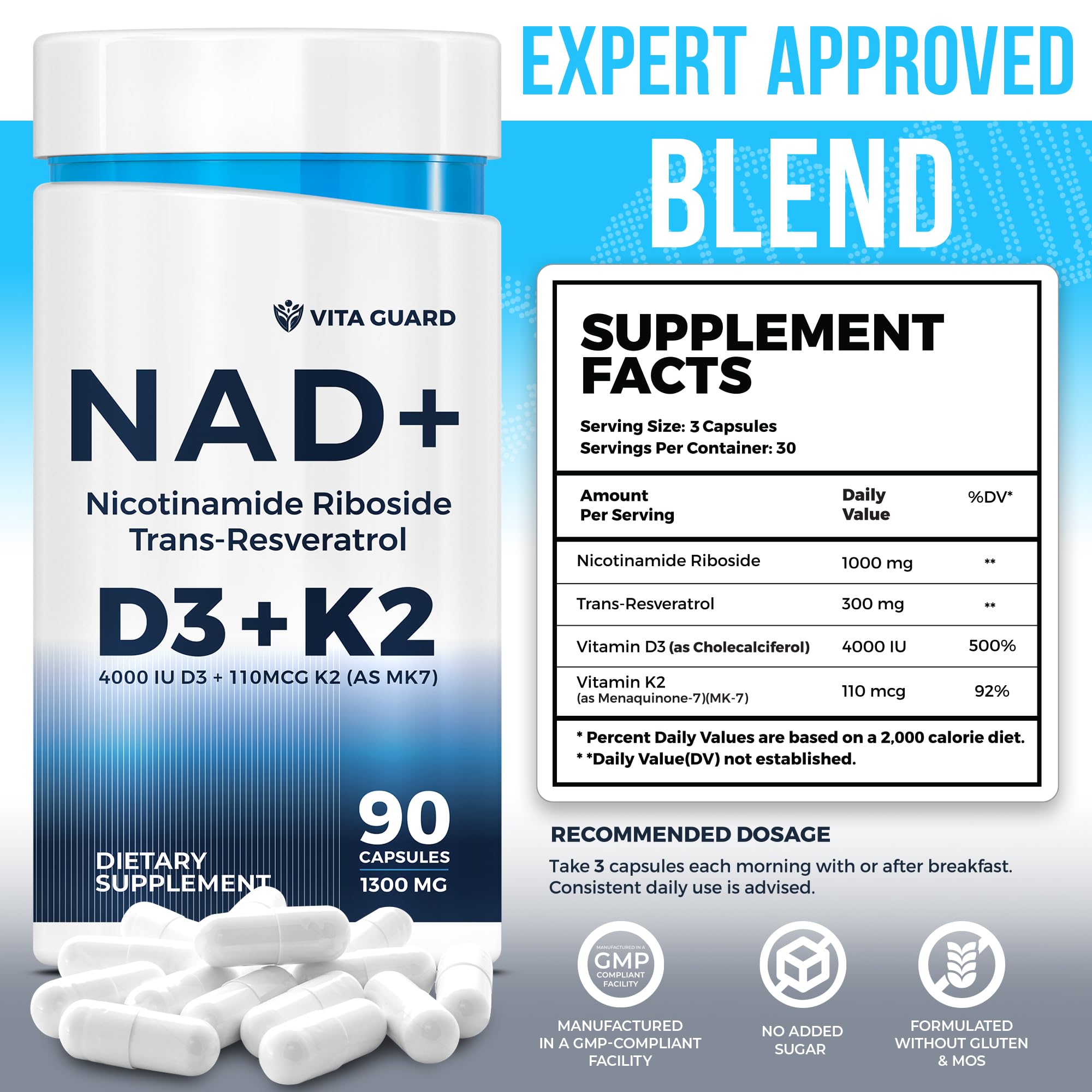 Anti-Aging Energy NAD Supplement – NMN Alternative with Nicotinamide Riboside 1000mg, Trans-Resveratrol 300mg, Vitamin D3 4000 IU and K2 110 mcg MK7 – Vegetarian 60 Capsules, 1300mg Vita GuardAu supplements