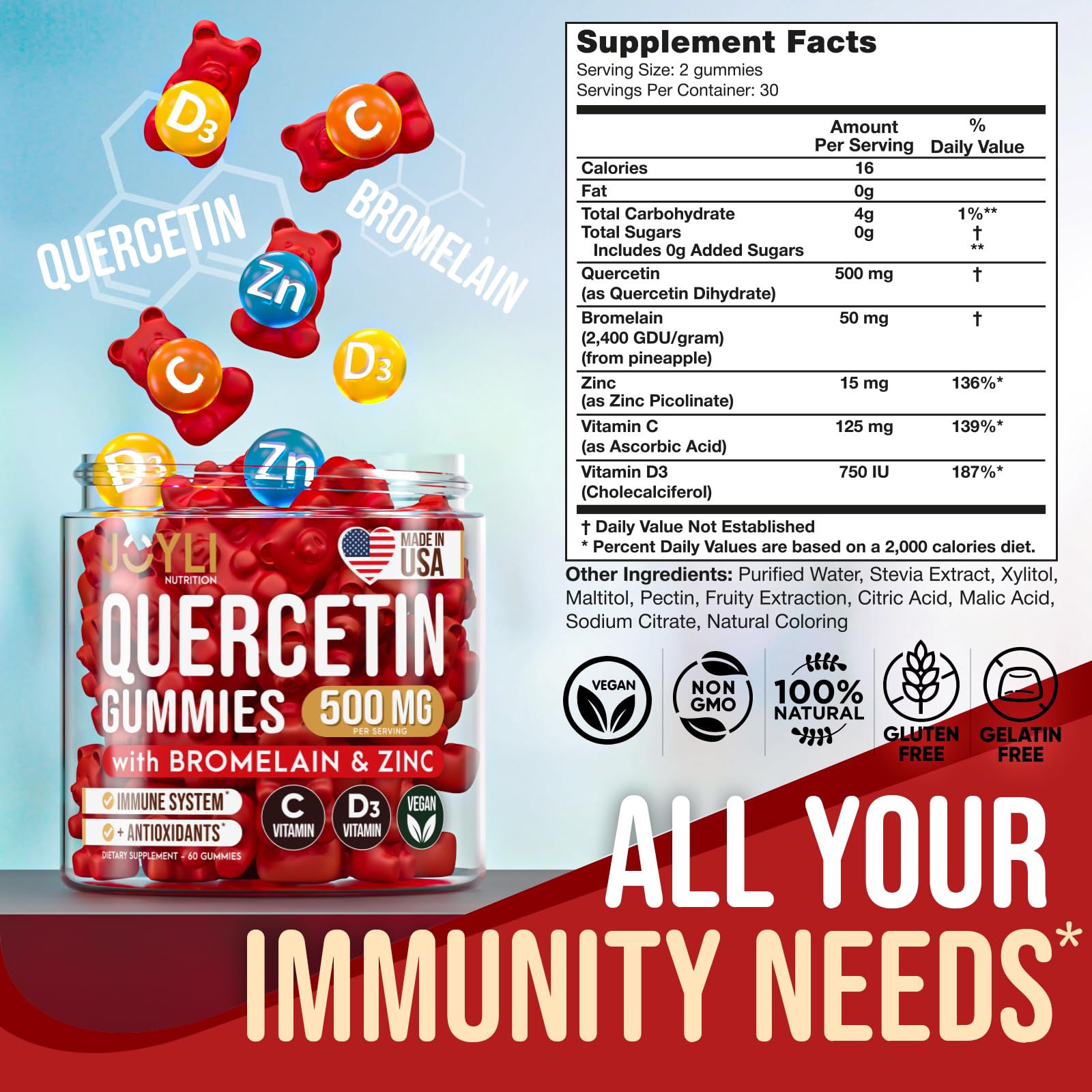 JOYLI Quercetin Gummies - Pure Quercetin with Bromelain Zinc Vitamin C & Vitamin D3 JOYLI NutritionUS supplements
