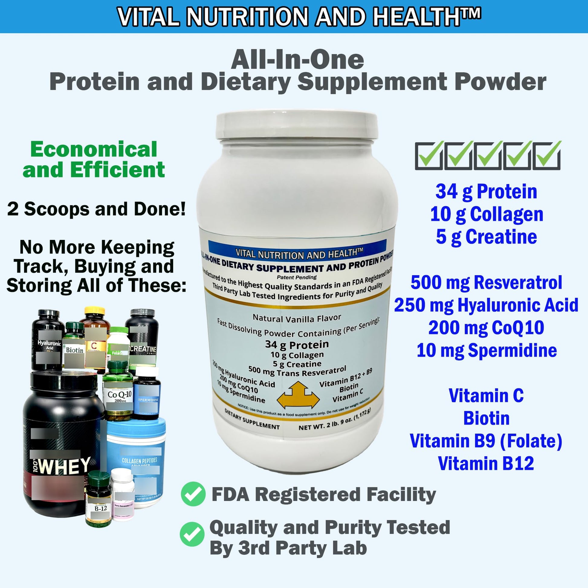Vital Nutrition and Health All-in-One Powder: Protein, Collagen, Creatine, Resveratrol, Spermidine, Hyaluronic Acid, CoQ10 + Key Vitamins Vital Nutrition and HealthAu supplements