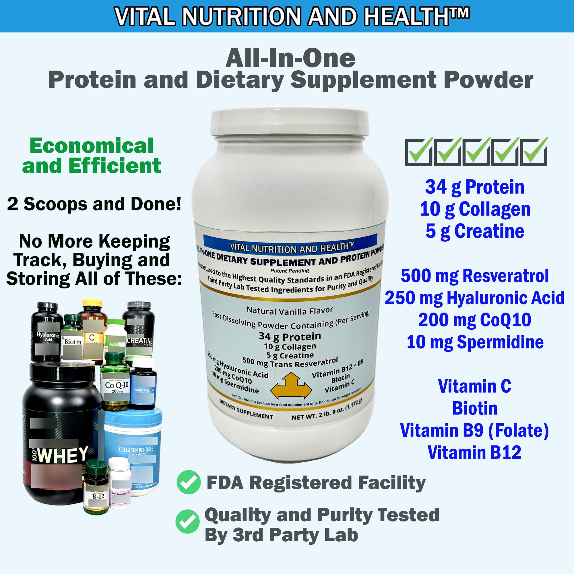 Vital Nutrition and Health All-in-One Powder: Protein, Collagen, Creatine, Resveratrol, Spermidine, Hyaluronic Acid, CoQ10 + Key Vitamins Vital Nutrition and HealthAu supplements