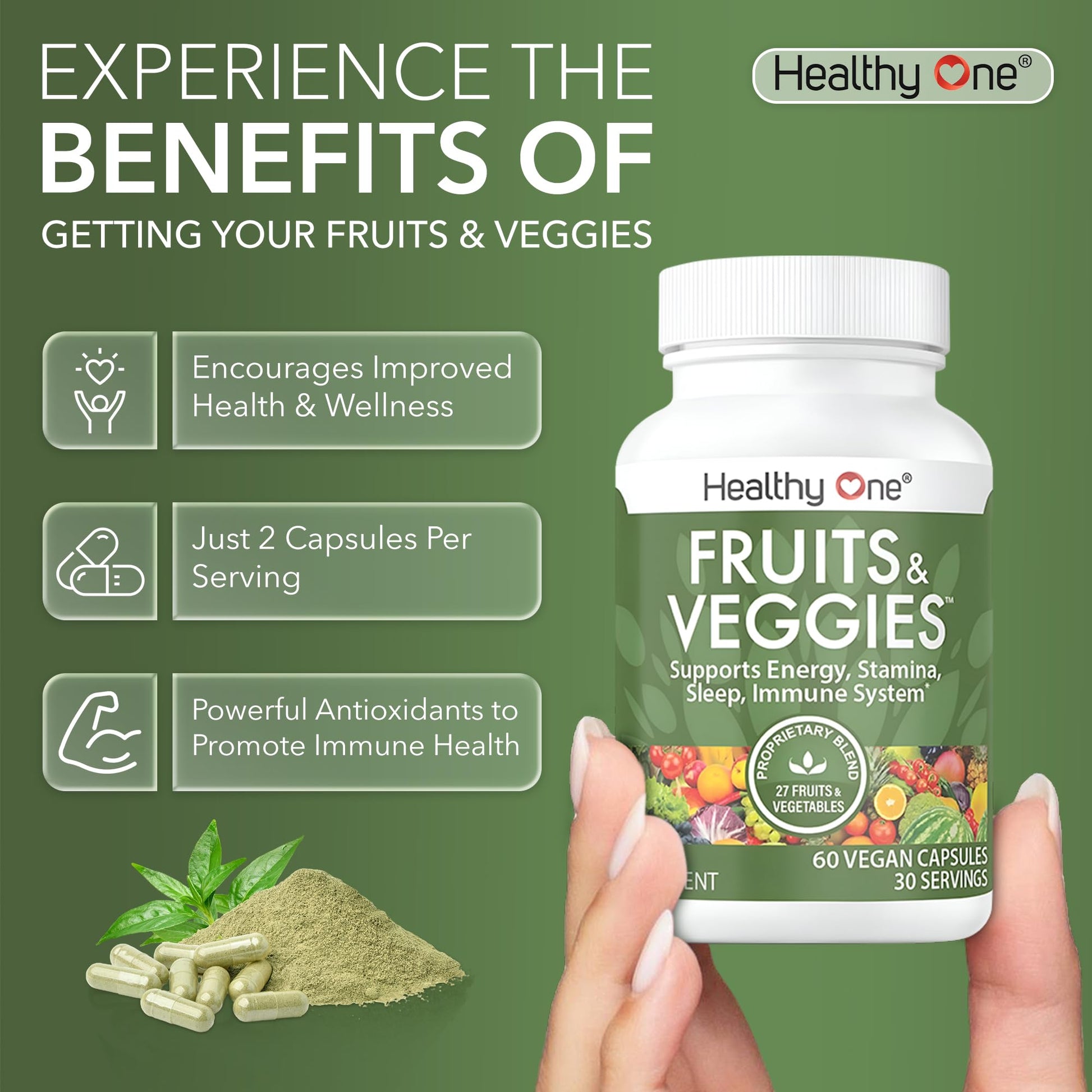 Fruits & Veggies Formula - 27 Premium Whole Foods - Organic Ingredients - Equals 3 Servings of Fruits & Vegetables - Improve Energy, Focus & Immune Function - Fiber - Antioxidants - 120ct (60 Serv) Healthy OneAu supplements