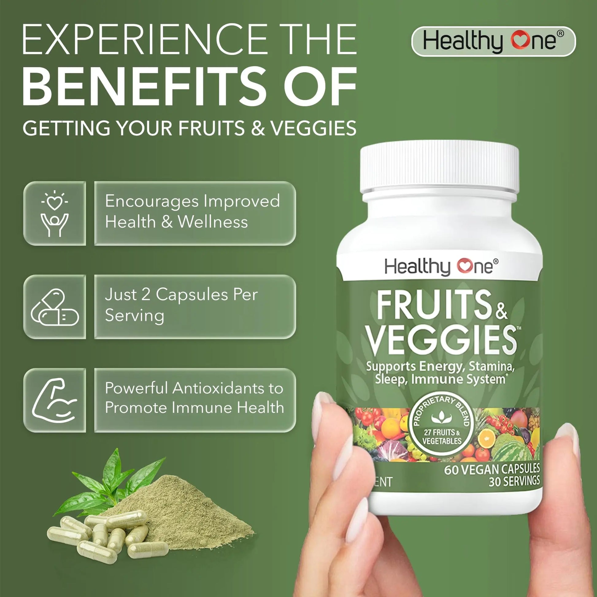 Fruits & Veggies Formula - 27 Premium Whole Foods - Organic Ingredients - Equals 3 Servings of Fruits & Vegetables - Improve Energy, Focus & Immune Function - Fiber - Antioxidants - 120ct (60 Serv) Healthy Onenz supplements