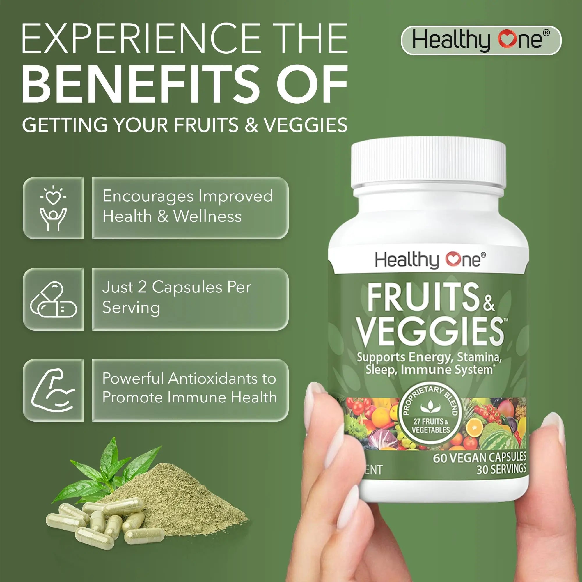 Fruits & Veggies Formula - 27 Premium Whole Foods - Organic Ingredients - Equals 3 Servings of Fruits & Vegetables - Improve Energy, Focus & Immune Function - Fiber - Antioxidants - 120ct (60 Serv) Healthy Onenz supplements