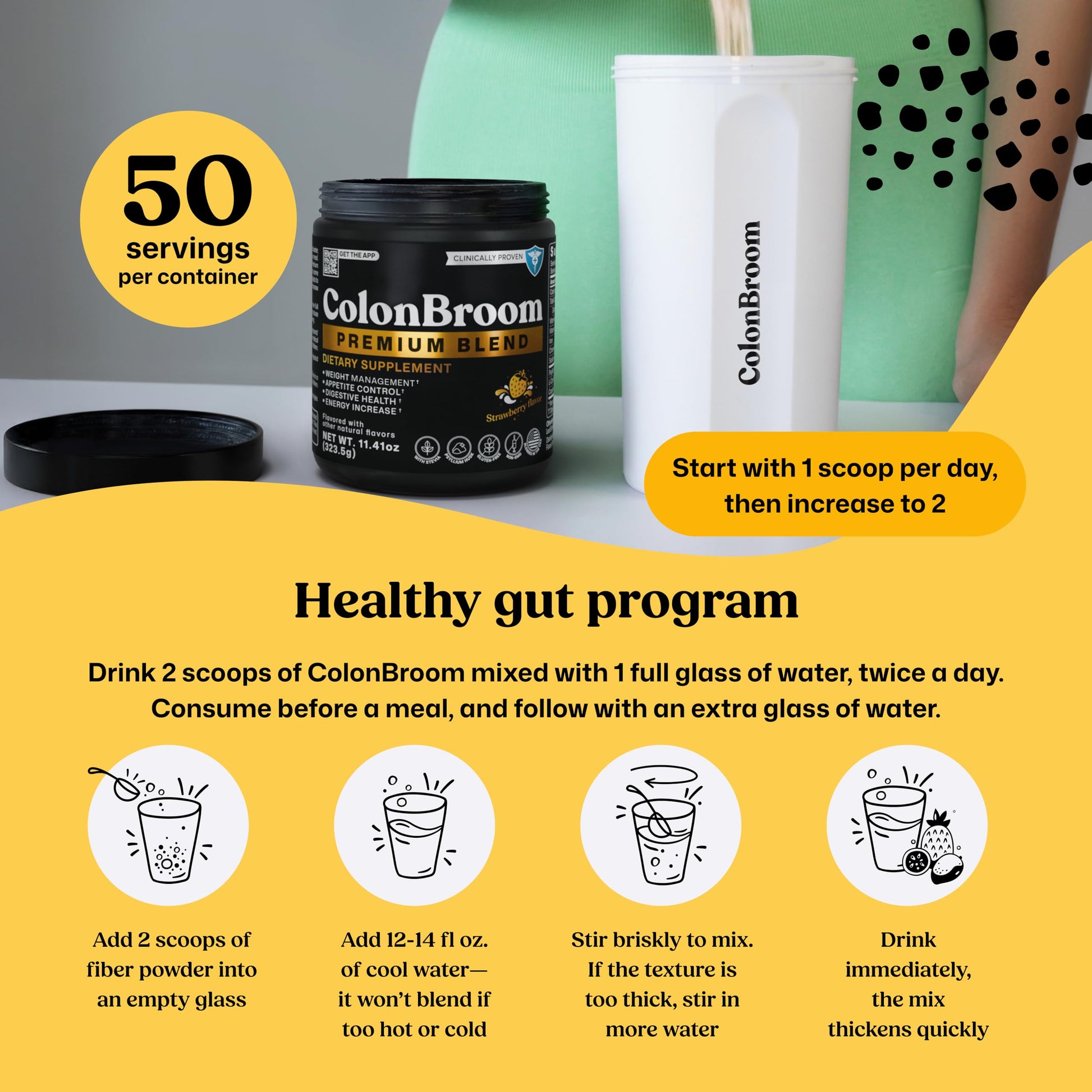 ColonBroom Premium Powder Supplement (Strawberry) - Colon Broom Psyllium Husk Fiber Powder Drink - Gluten Free, Non-GMO Colon Cleanse for Bloating Relief & Gut Health, 50 Servings ColonBroomAu supplements