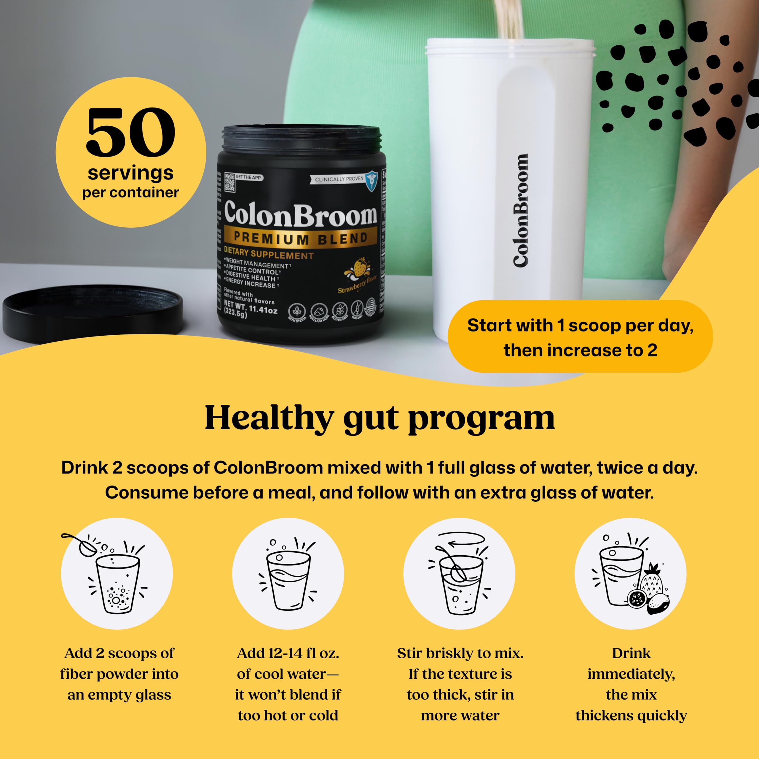 ColonBroom Premium Powder Supplement (Strawberry) - Colon Broom Psyllium Husk Fiber Powder Drink - Gluten Free, Non-GMO Colon Cleanse for Bloating Relief & Gut Health, 50 Servings ColonBroomAu supplements