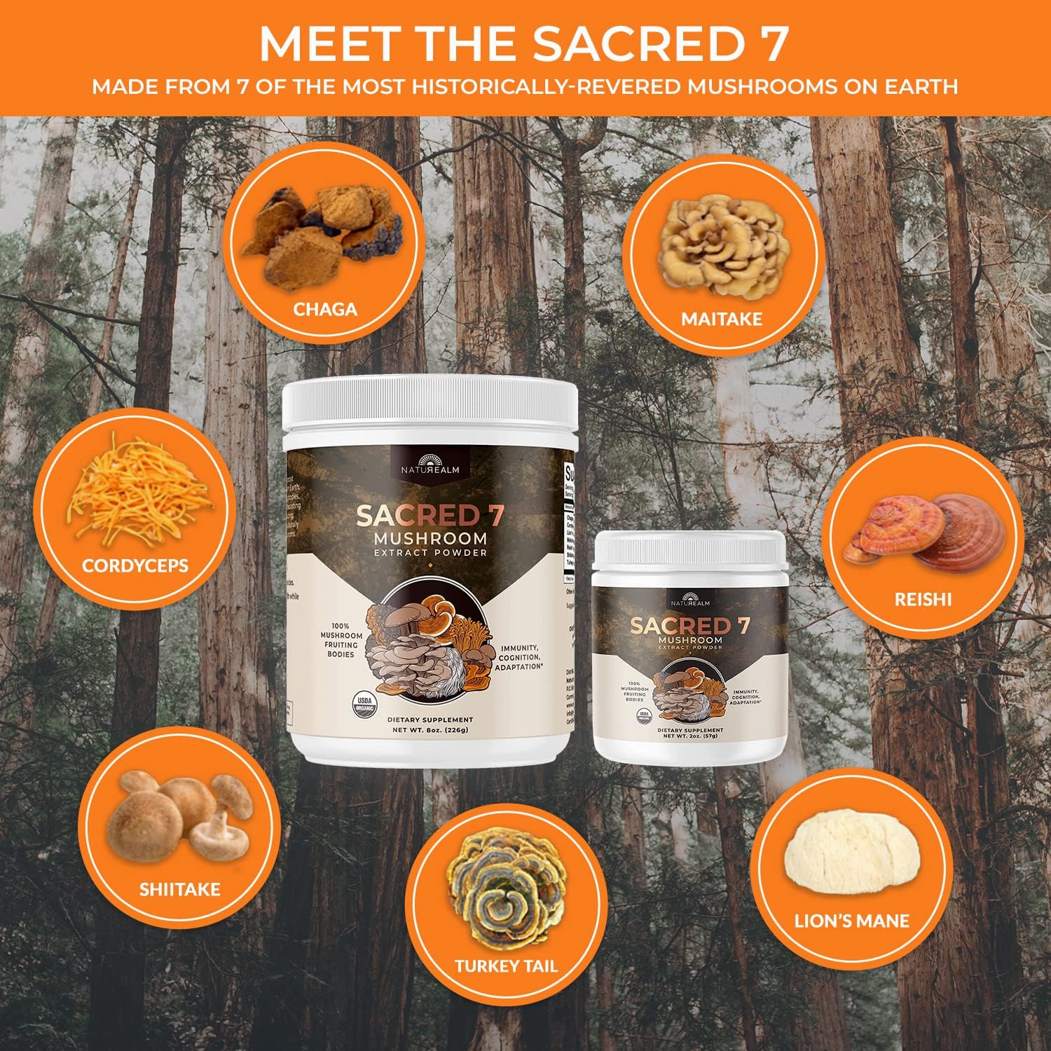 Naturealm Sacred 7 Mushroom Extract Powder - USDA Organic - Lion's Mane, Reishi NaturealmUS supplements