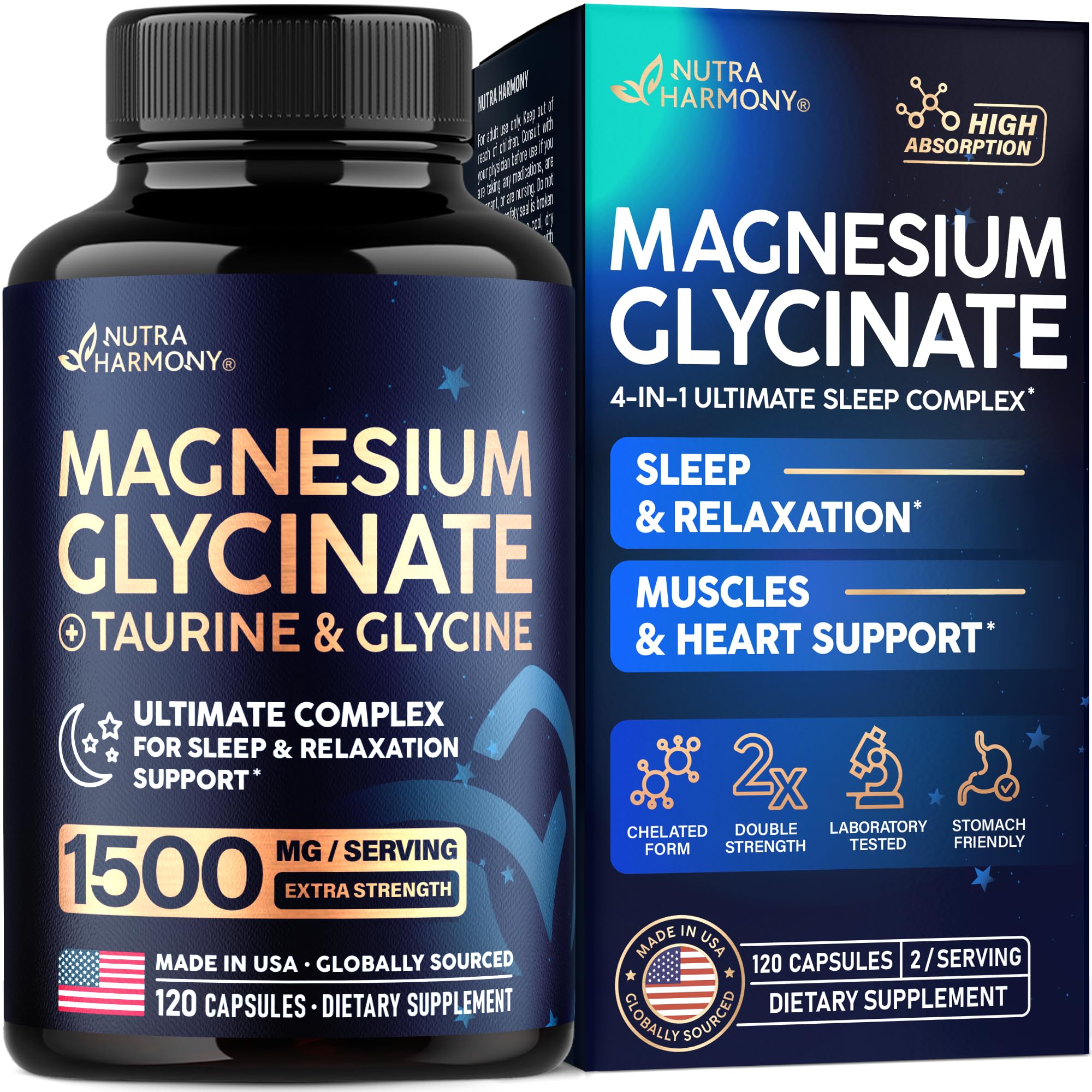 Magnesium Glycinate - Sleep & Relaxation Support - Extra Strength Glycinate, Glycine & Taurine 1500 mg - Magnesium Supplement for Women & Men - Chelated & High Absorption - Made in USA - 120 Capsules NUTRAHARMONYAu supplements