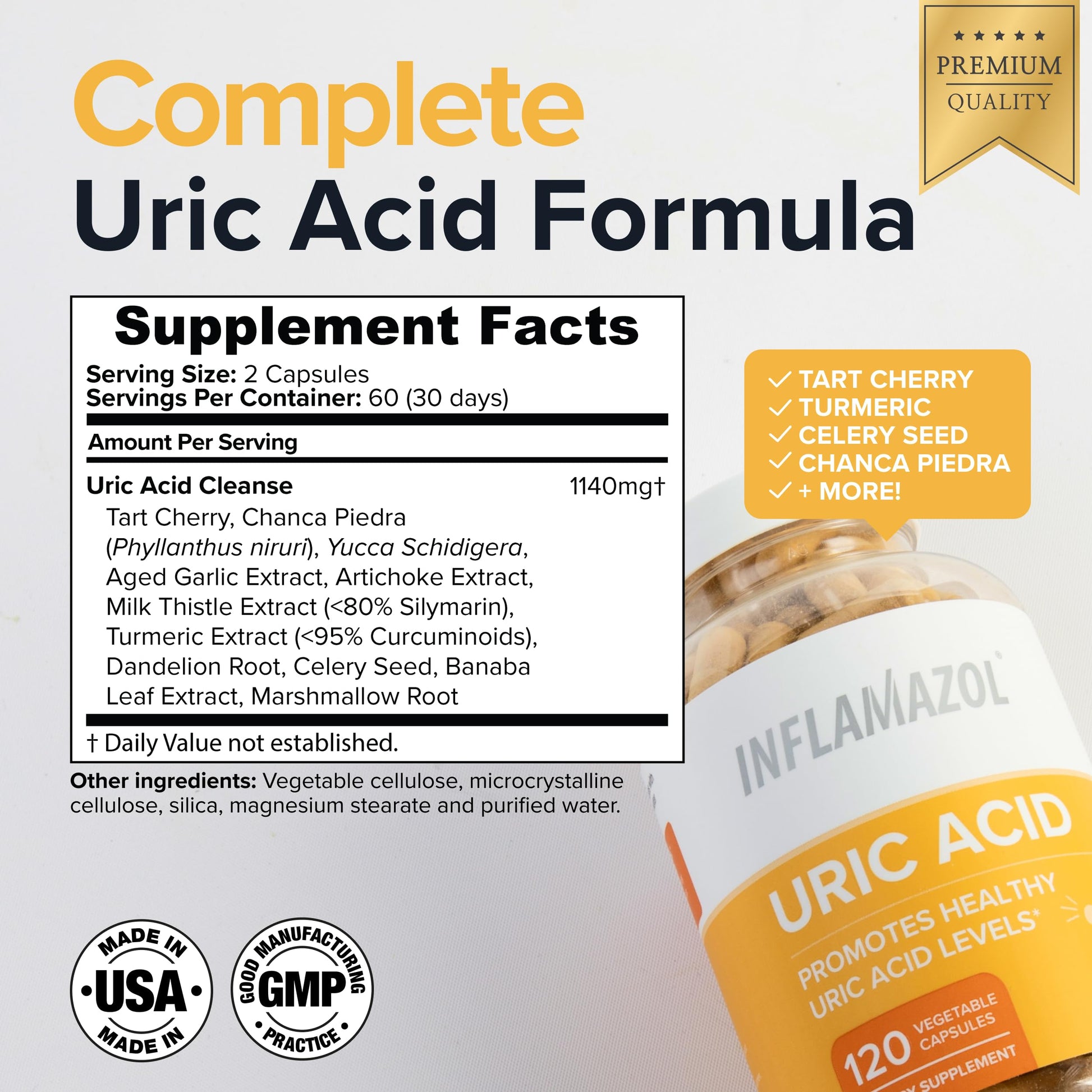 Inflamazol Uric Acid Cleanse – Premium Uric Acid Flush with Tart Cherry, Turmeric & Celery Seed for Joint & Uric Acid Support – Joint Supplements for Men & Women – 120 Capsules InflamazolAu supplements