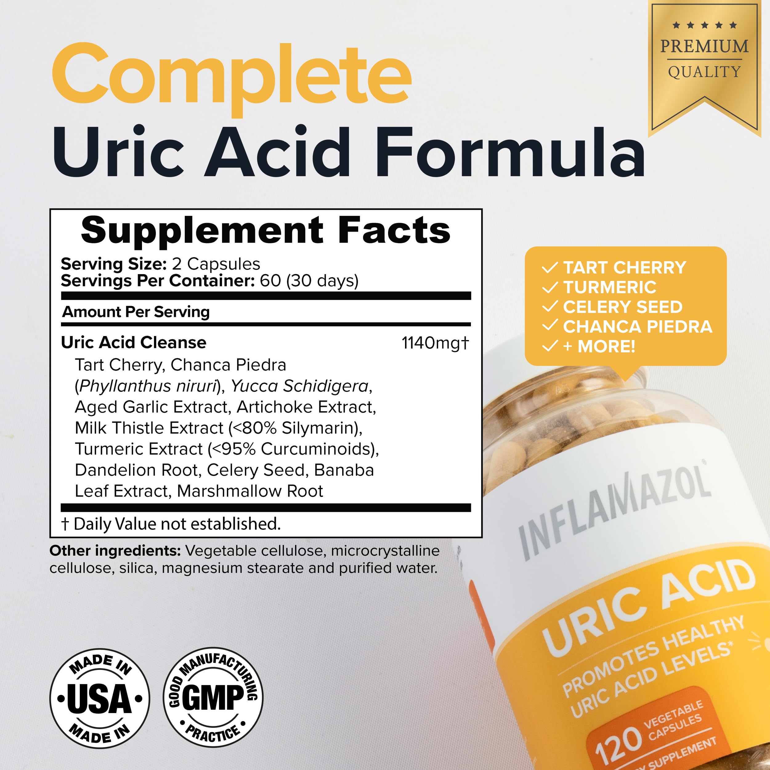 Inflamazol Uric Acid Cleanse – Premium Uric Acid Flush with Tart Cherry, Turmeric & Celery Seed for Joint & Uric Acid Support – Joint Supplements for Men & Women – 120 Capsules InflamazolAu supplements