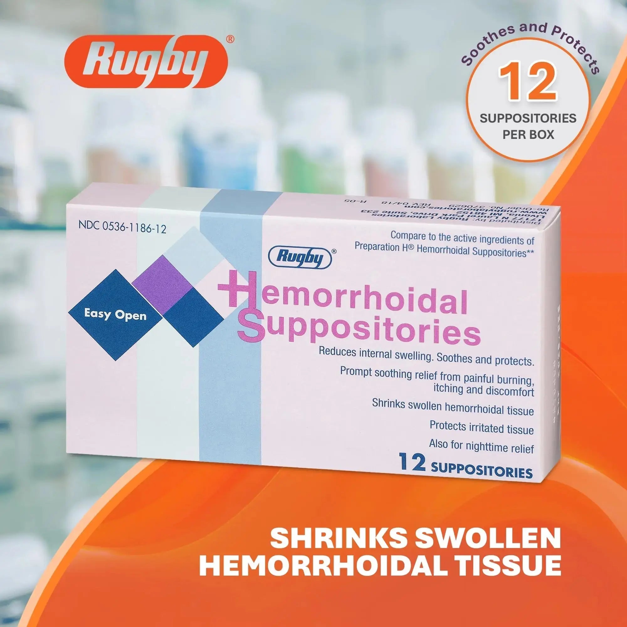 Rugby Hemorrhoidal Suppositories - Soothing and Shrinking Action for Internal Hemorrhoids with Cocoa Butter and Phenylephrine HCl, Easy Open Design - 12 Count RUGBY LABORATORIESAu supplements
