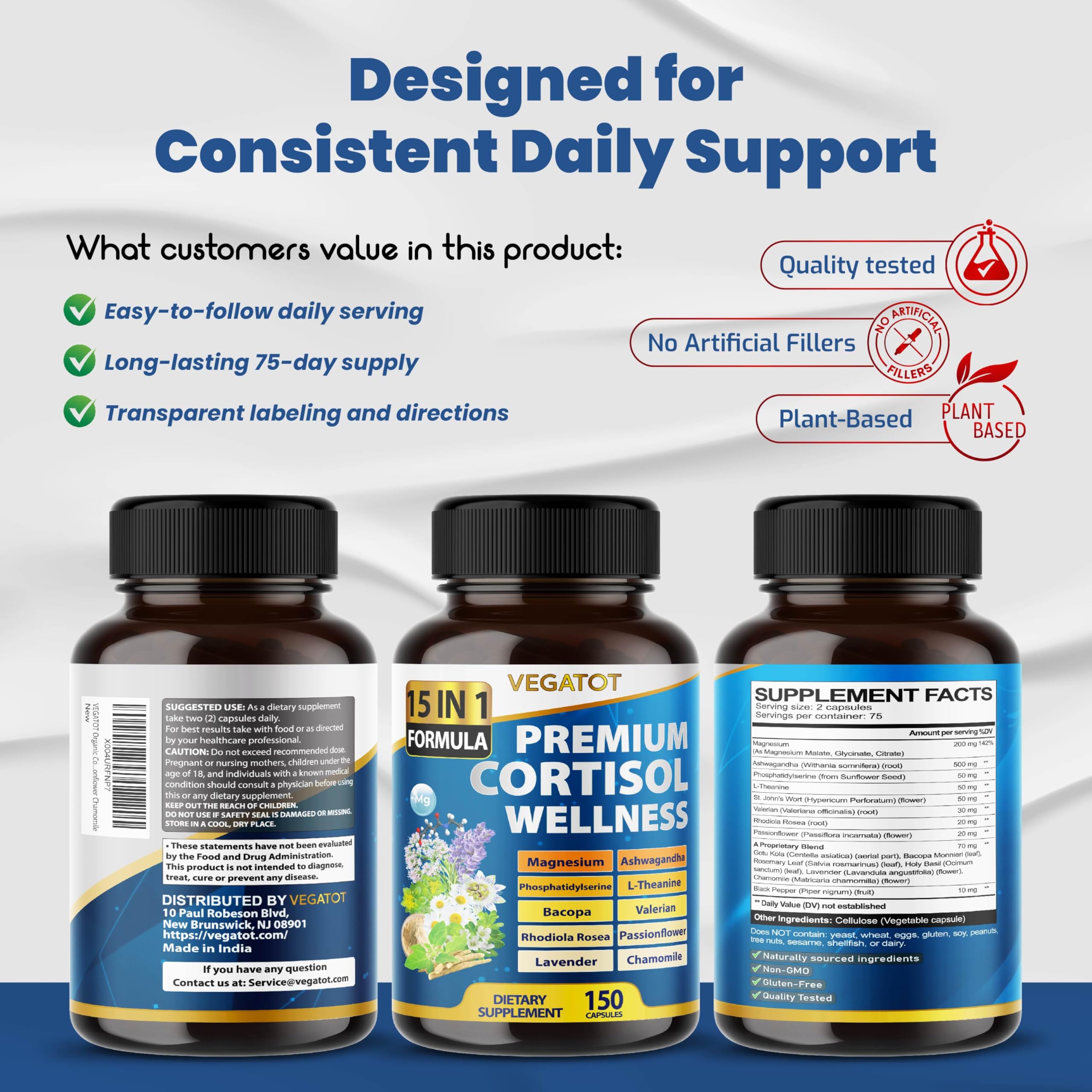 VEGATOT Organic Cortisol Wellness Complex 15-in-1 Formula with Magnesium Ashwagandha St. John's Wort Valerian Rhodiola Rosea Passionflower Chamomile VEGATOTAu supplements