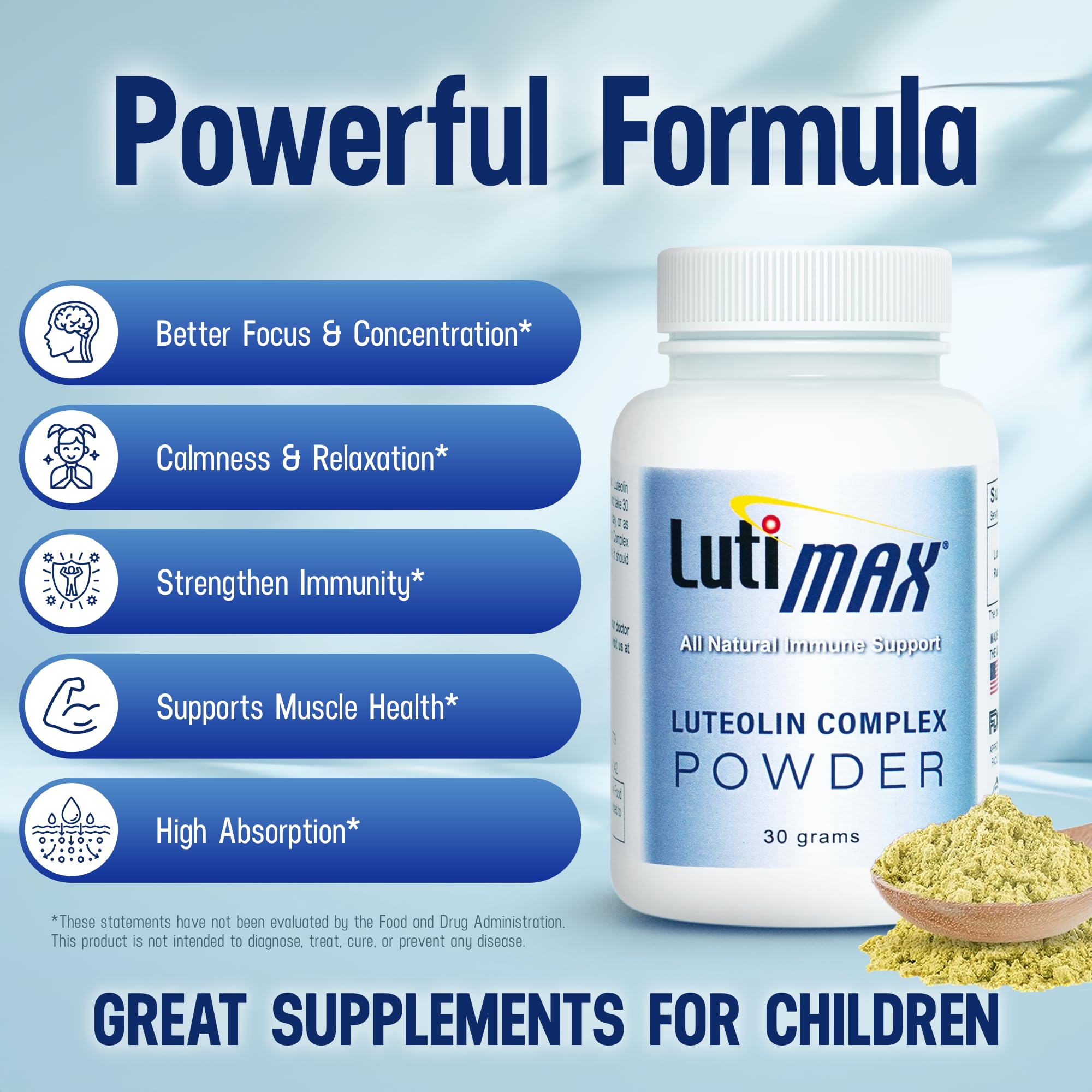 Lutimax Luteolin Complex Powder Brain Supplement with Rutin - Nootropic Brain Supplements for Memory and Focus to Improve Brain Health - Antioxidant Supplement for Immune Support - 100 Servings Solo LutiAu supplements