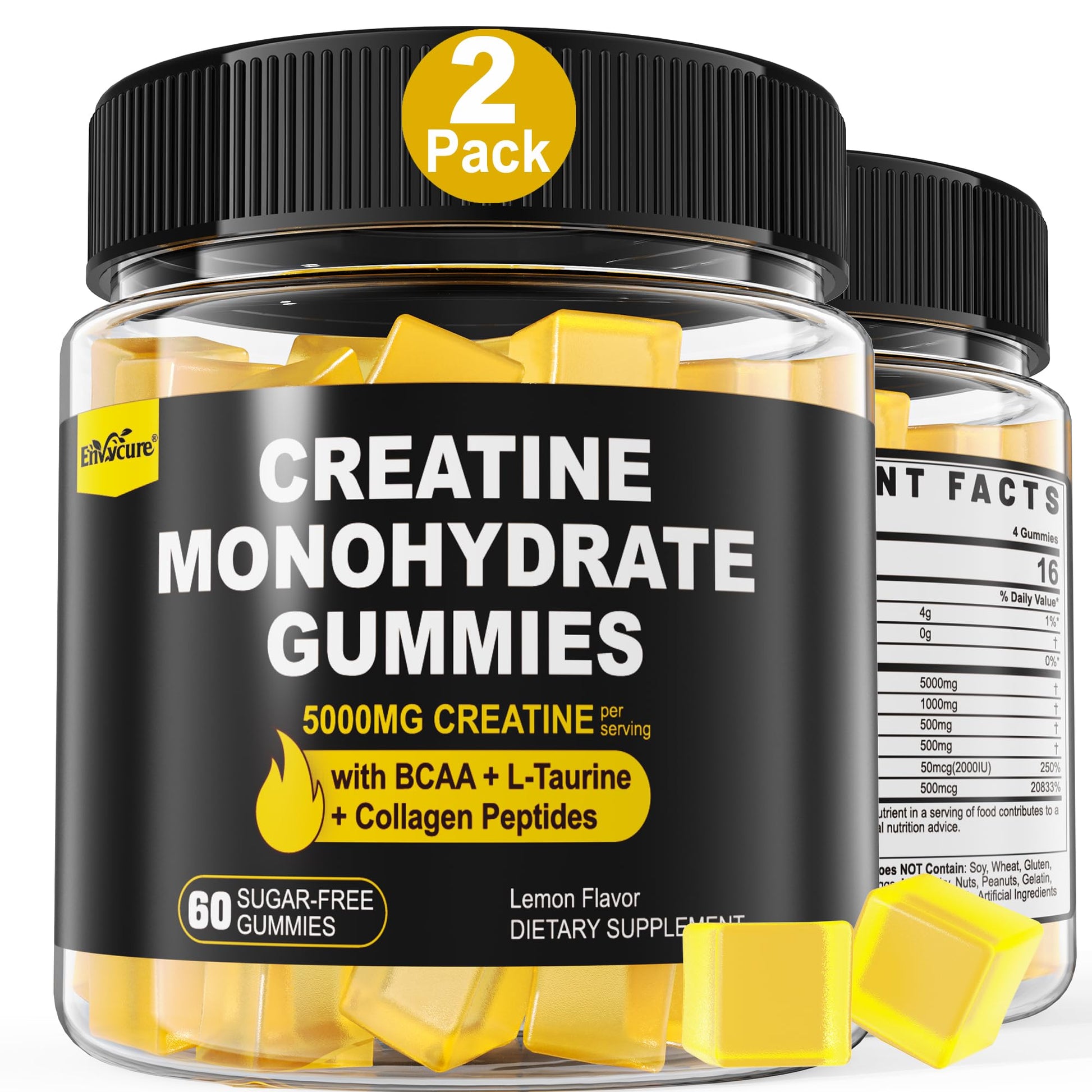 Creatine Monohydrate Gummies for Men & Women - with BCAA, Collagen Peptides, L-Taurine, Vitamin B12, D3, Chewables Creatine Monohydrate 5g Per Serving, Natural Lemon Flavor, Sugar Free, 2 Pack EnvyCureAu supplements