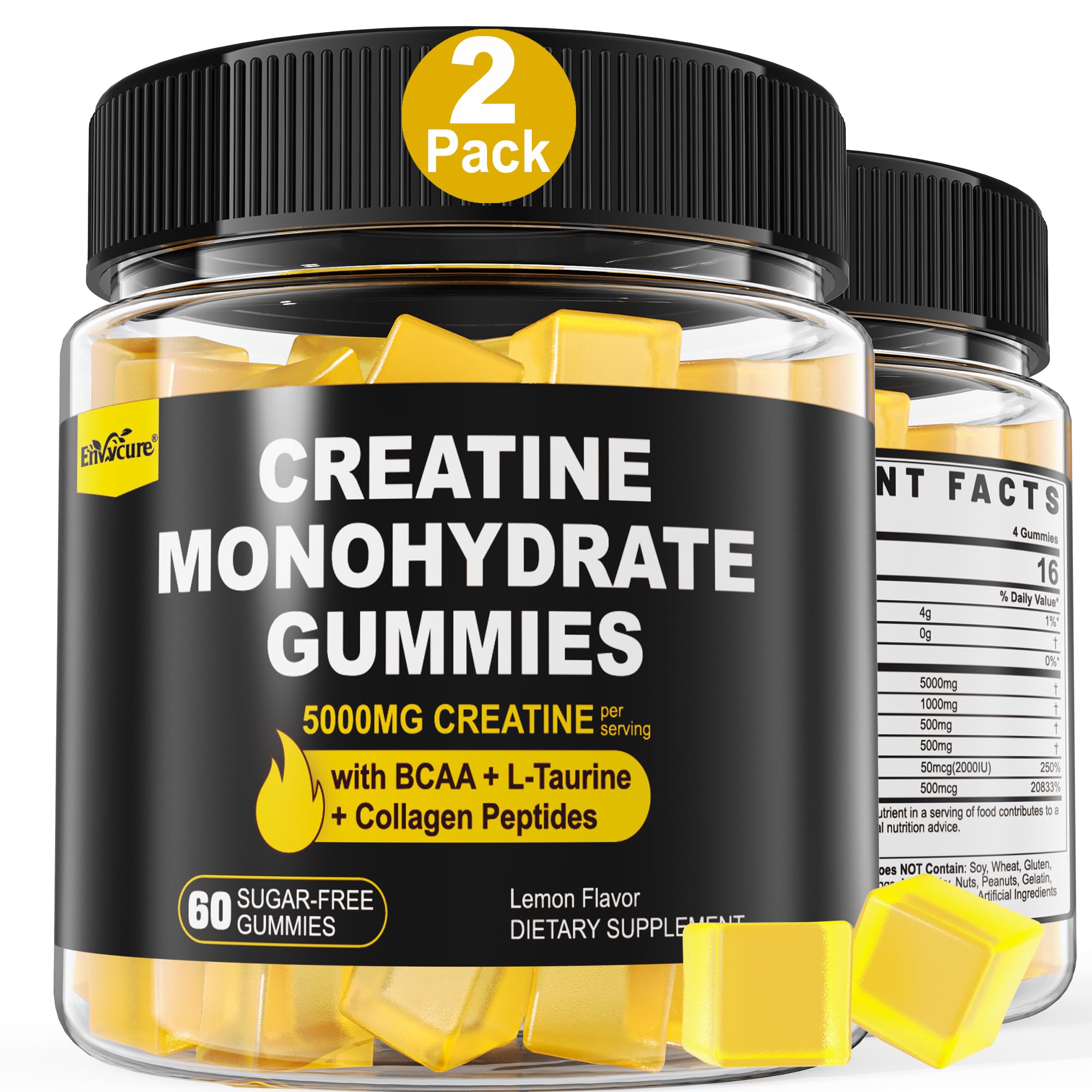 Creatine Monohydrate Gummies for Men & Women - with BCAA, Collagen Peptides, L-Taurine, Vitamin B12, D3, Chewables Creatine Monohydrate 5g Per Serving, Natural Lemon Flavor, Sugar Free, 2 Pack EnvyCureAu supplements