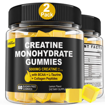 Creatine Monohydrate Gummies for Men & Women - with BCAA, Collagen Peptides, L-Taurine, Vitamin B12, D3, Chewables Creatine Monohydrate 5g Per Serving, Natural Lemon Flavor, Sugar Free, 2 Pack EnvyCureAu supplements