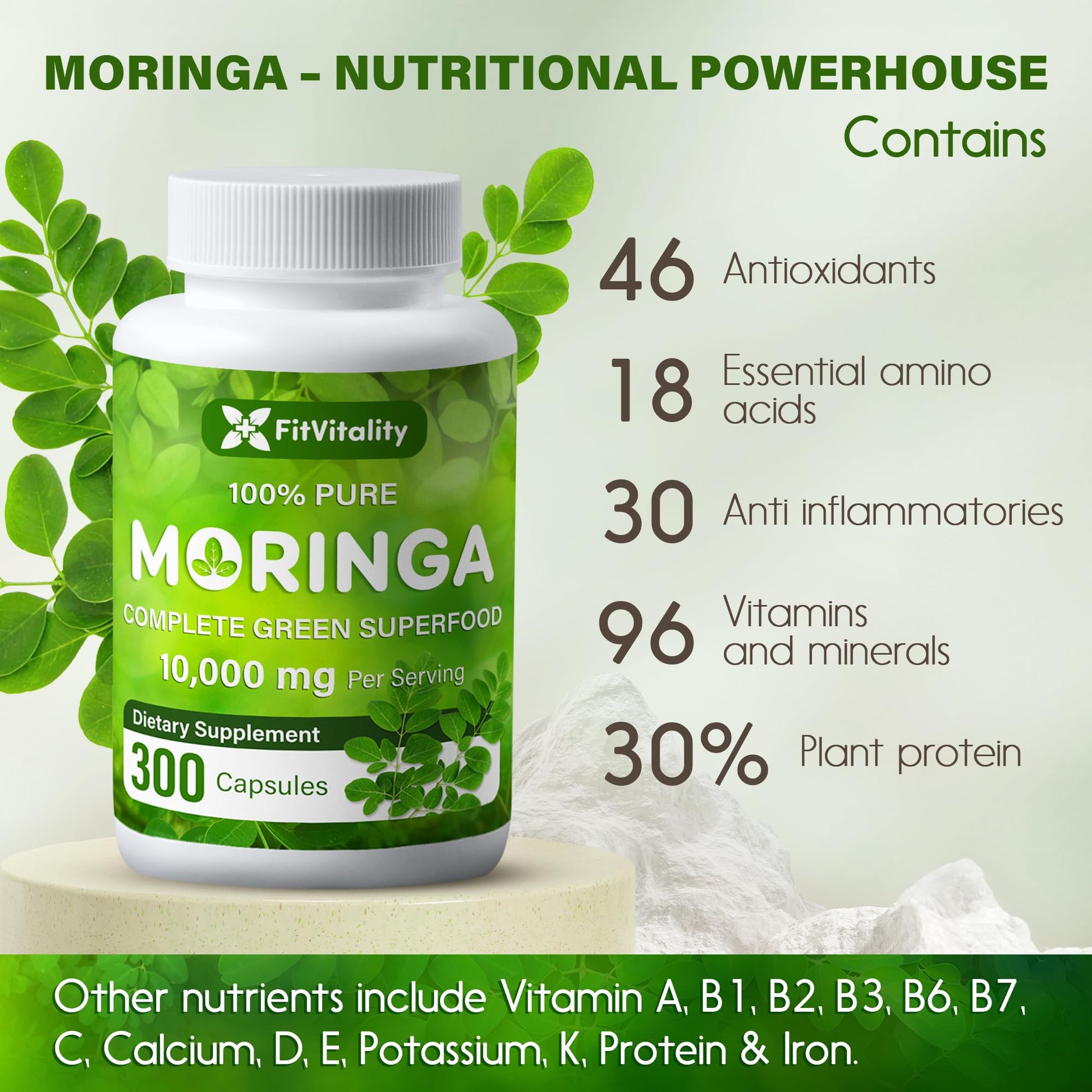 Moringa Capsules| Moringa Oleifera |10,000mg| 150 Capsules| 100% Pure| Non-GMO FitVitalityUS supplements