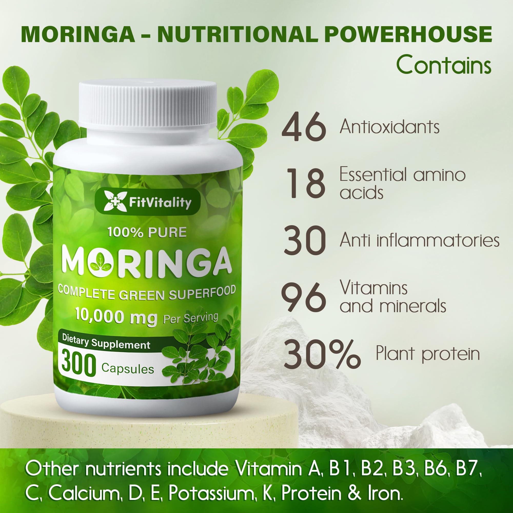 Moringa Capsules| Moringa Oleifera |10,000mg| 150 Capsules| 100% Pure| Non-GMO FitVitalityUS supplements