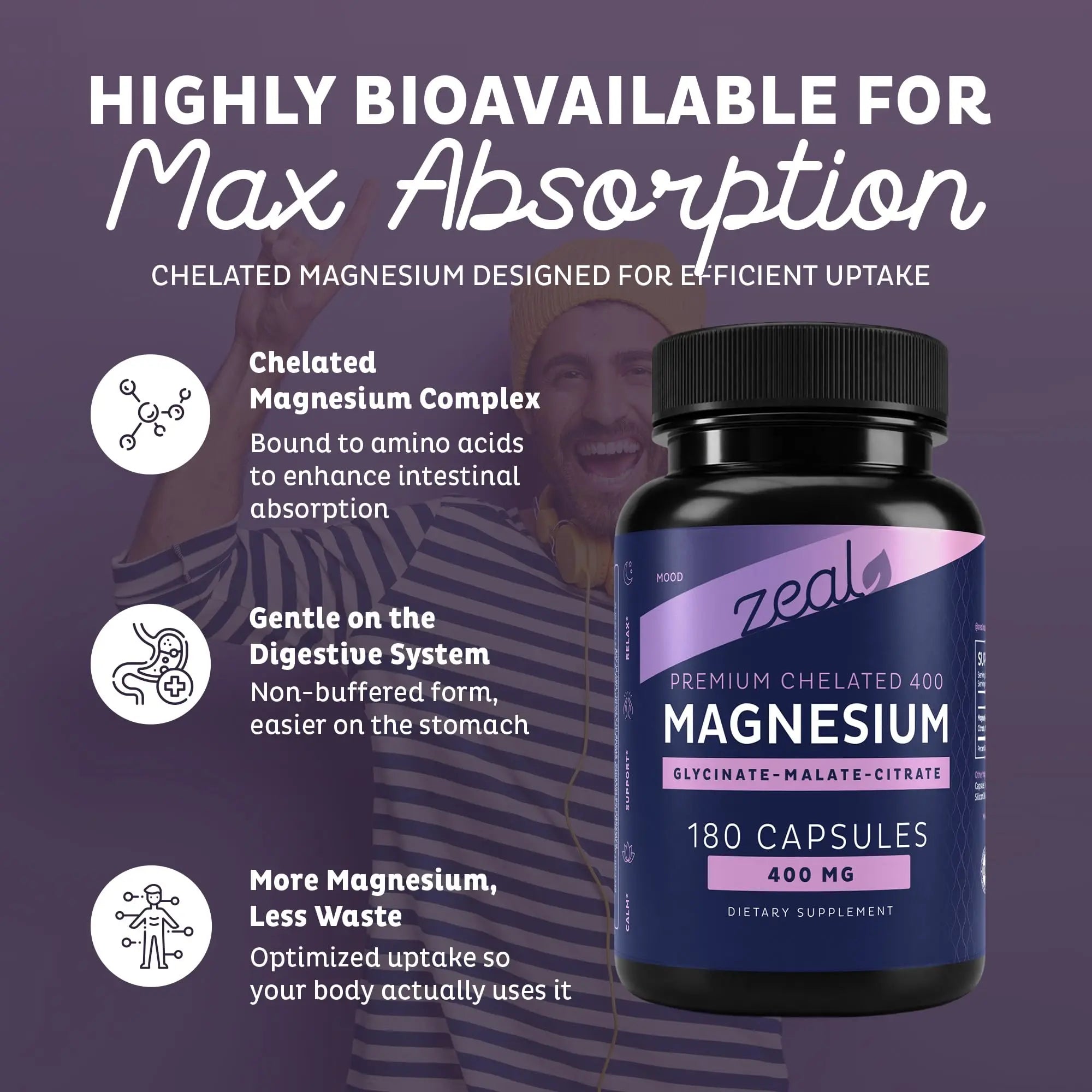 Zeal Naturals Triple Magnesium Complex Supplement - Glycinate, Malate, Citrate | 400mg, 180 Capsules | High Absorption Chelated Magnesium for Sleep, Mood, Muscle Recovery, Relaxation Zeal Naturalsnz supplements