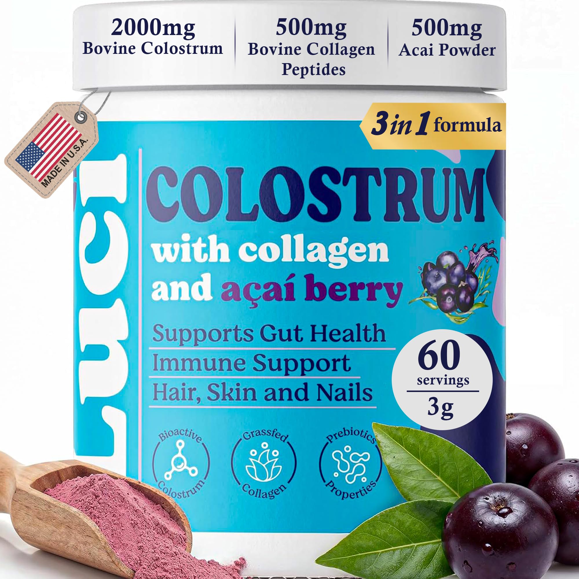 Luci Colostrum Powder 60 Servings, 3 in 1 with Collagen Peptides and Acai, Bovine Colostrum for Gut Health, Bloating, Collagen Protein for Muscle, Skin, Hair, Nails and Immunity, Gluten & Fat Free Luci NutritionAu supplements