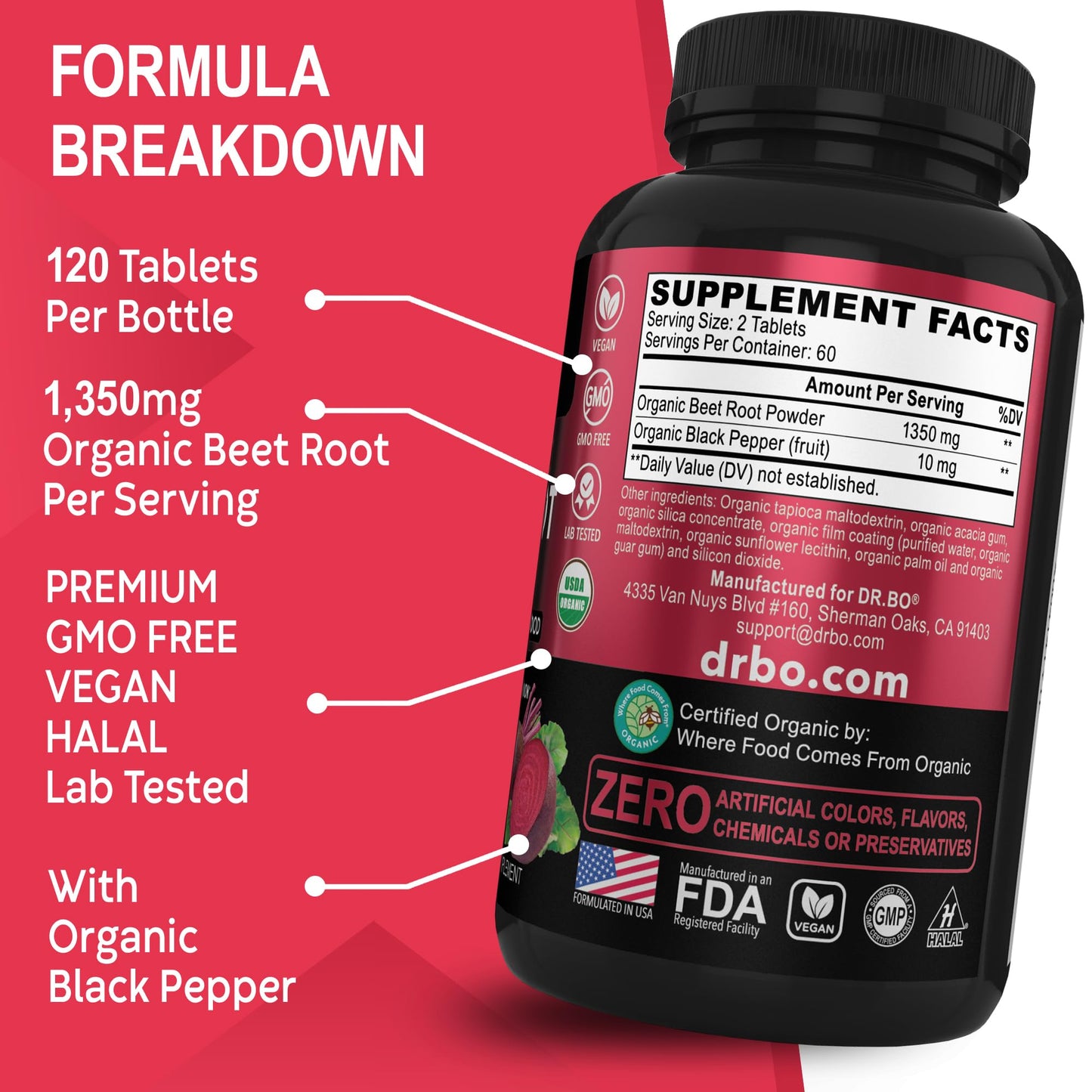Organic Beet Root Capsules Supplements - 1350mg Beetroot Powder Extract Pills, Organic DR. BOUS supplements