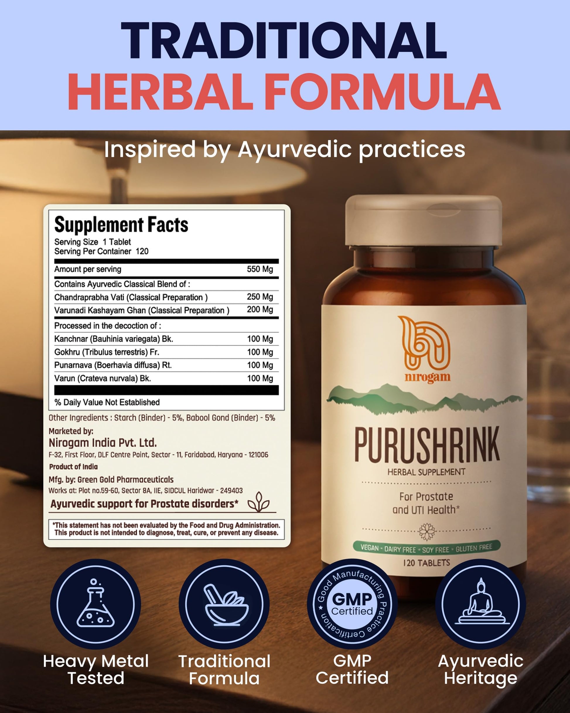 Nirogam Purushrink - BPH Prostate Supplement for Men, Supports Better Sleep & Urinary Health - Natural Ayurvedic Herbal Supplement 120 Tablets - Vegan, Dairy Free, Gluten Free NirogamAu supplements