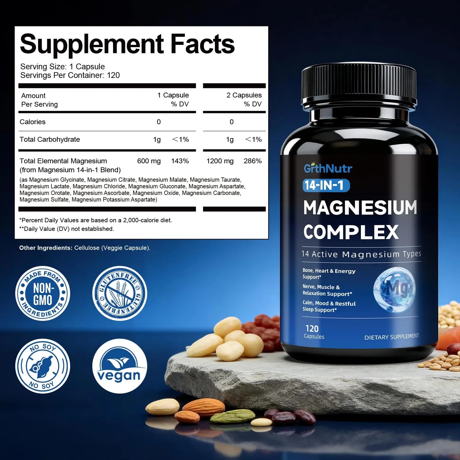 14-in-1 Magnesium Complex Supplement, 1200mg Elemental Magnesium Glycinate, Citrate, Malate, Taurate - Magnesium Complex for Women Nerves, Bone & Heart Health | Non-GMO GrthNutrnz supplements