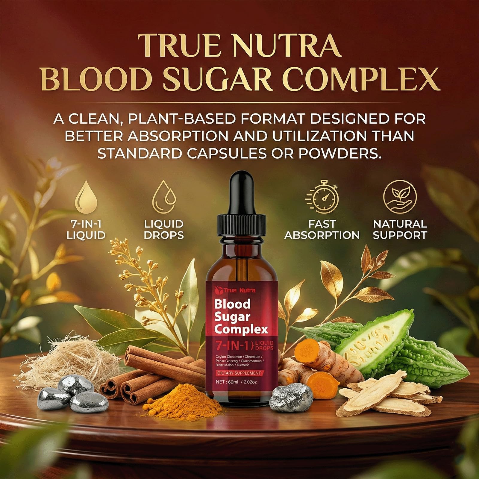 true nutra Blood Sugar Complex, 7-in-1 Formula Blood Sugar Support Supplement with Berberine, Ceylon Cinnamon, Chromium, Bitter Melon, Turmeric, Ginseng, Glucomannan (1PCS) true nutraAu supplements