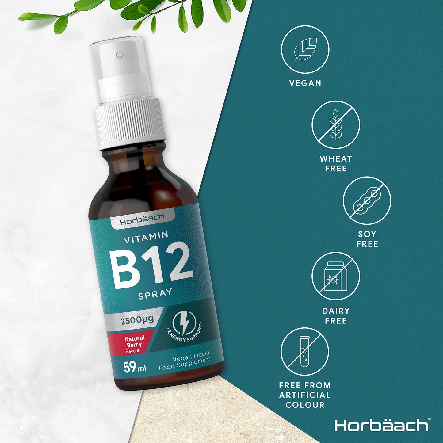 Vitamin B12 Spray 2500mcg | 59ml | High Strength Supplement | Natural Berry Flavour HorbäachUS supplements