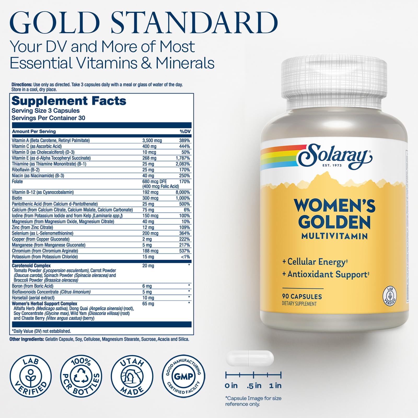 SOLARAY Women's Golden Multivitamin Supplement - Daily Wellness Vitamins for Women, Nutrient Rich, Cellular Energy Support Caps, Complex with Vitamins A, C, D, & E, Biotin, Calcium & More- 90 Capsules SOLARAYAu supplements