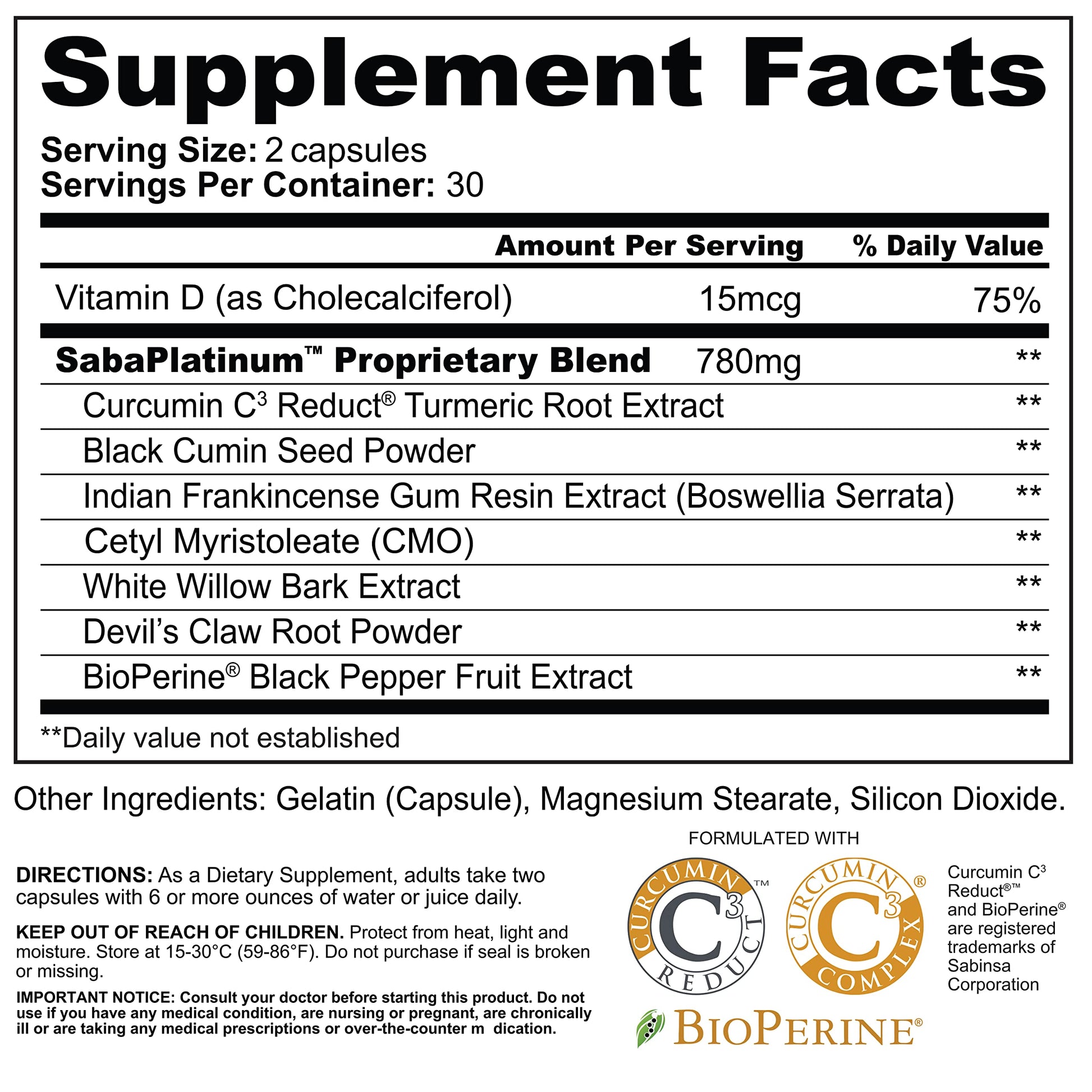 Saba Platinum Joint Support – High Absorption Curcumin C3 Reduct & Boswellia – Fast Acting Turmeric Supplement for Joint Pain Relief, Mobility & Healthy Inflammation Response – 60 Vegan Capsules SabaAu supplements