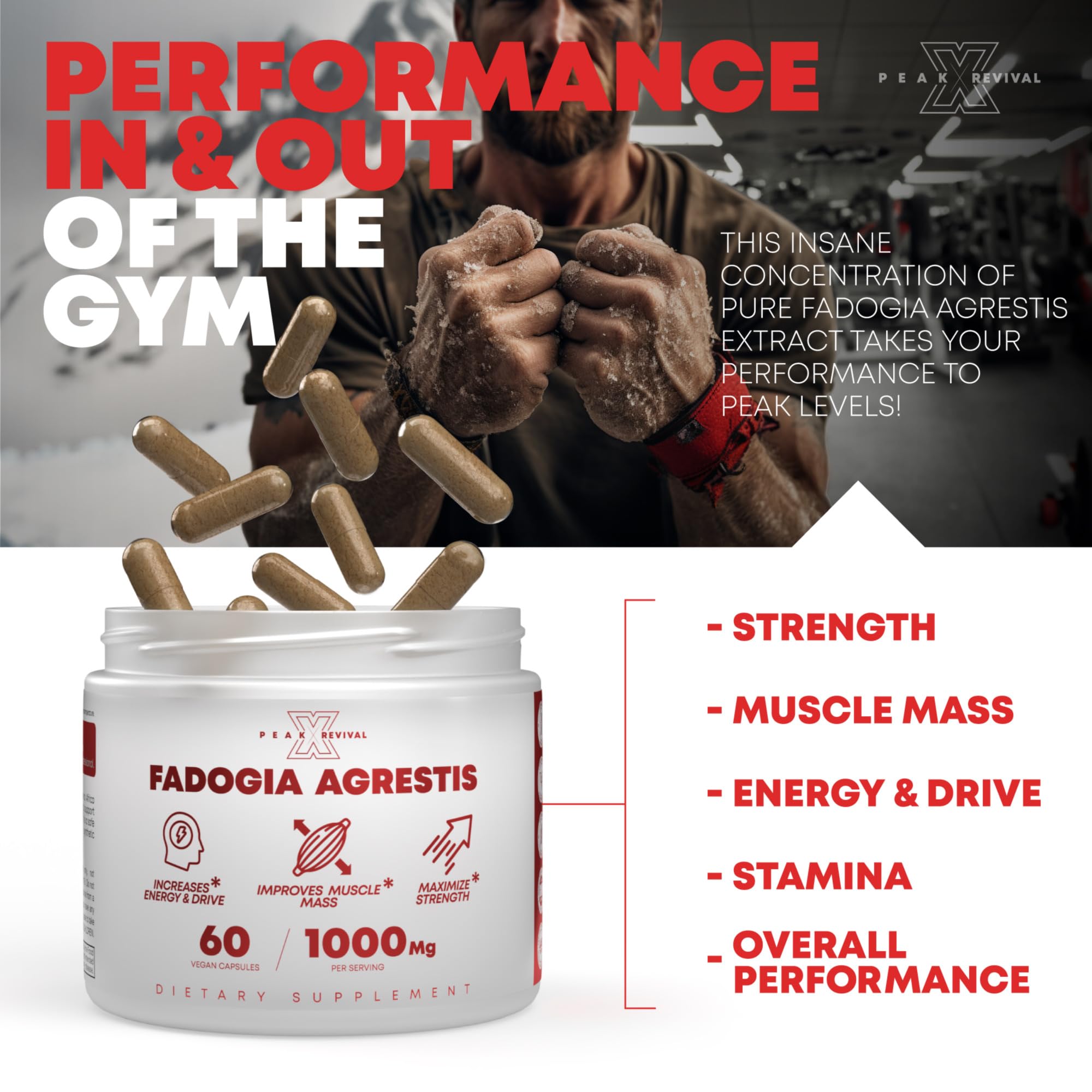 Peak Revival-X Fadogia Agrestis 1000mg Per Serving Supplement - Potent Extract to Increase Energy, Athletic Performance & Muscle Mass - Supplements, Made in The USA (60 Capsules) Peak Revival-XAu supplements