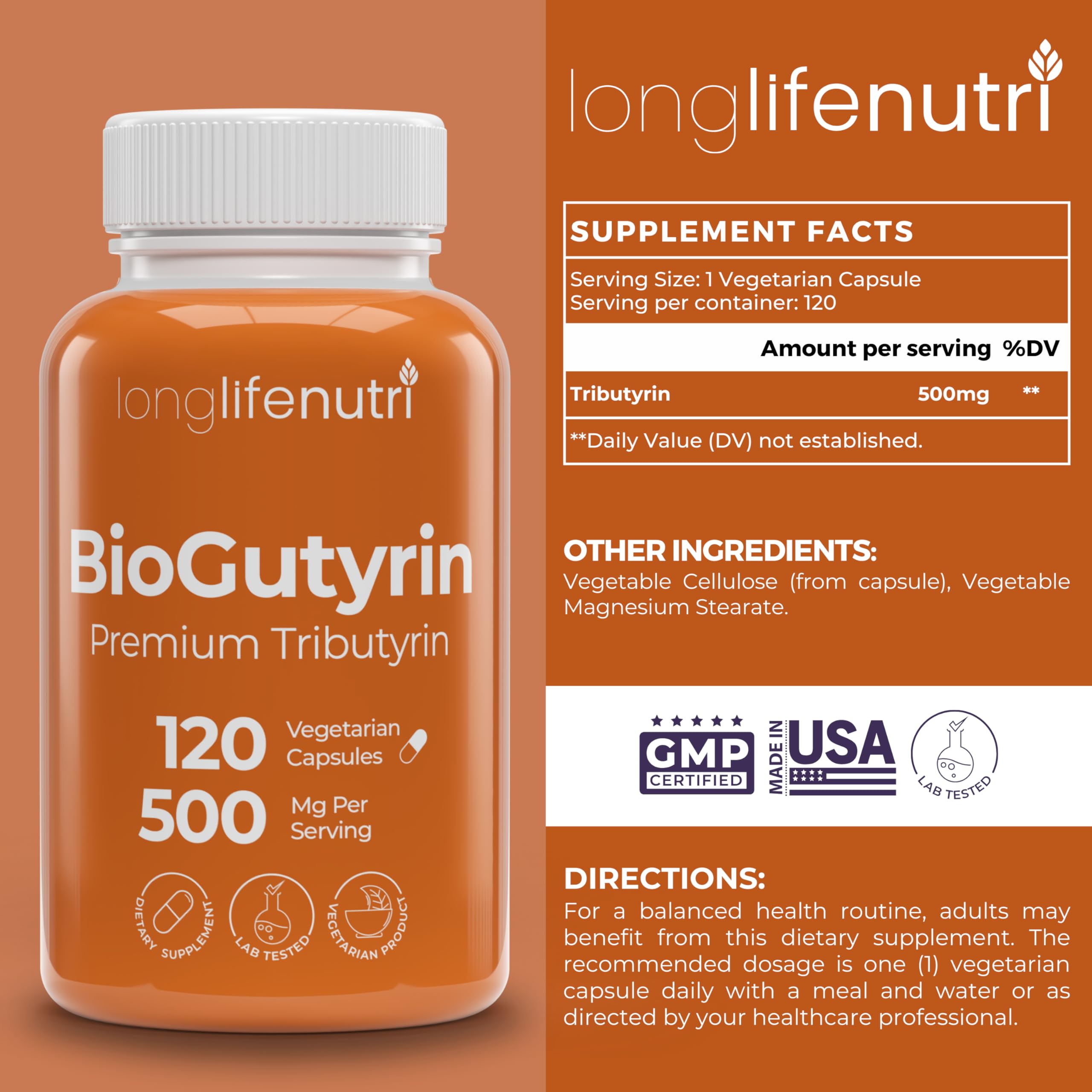 BioGutyrin – Tributyrin 500mg, Postbiotic Supplement for Gut Function & Nutrient Absorption, 120 Vegetarian Capsules, Butyric Acid for Butyrate Production, 4-Month Supply, GMP Certified, Made in USA LongLifeNutriAu supplements