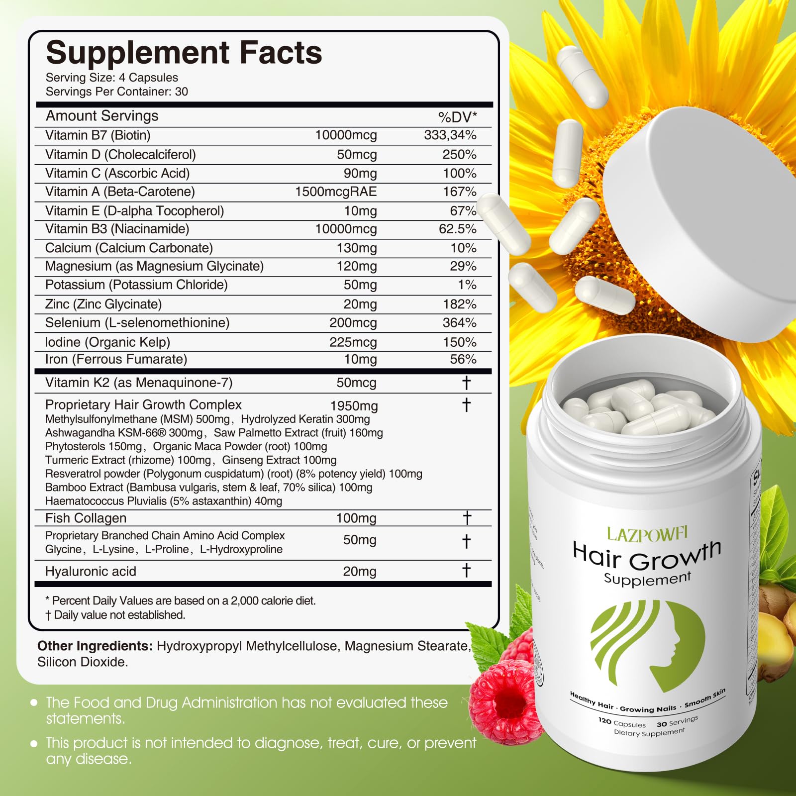 Lazpowfi Hair Growth Supplement, Biotin 10000mcg, 32-in-1 with Vitamin A, B3, C, Magnesium, Calcium, Hair Growth Products, Supports Hair & Nails Natural Growth Vitamins, for Women & Men - 30 Servings LazpowfiAu supplements