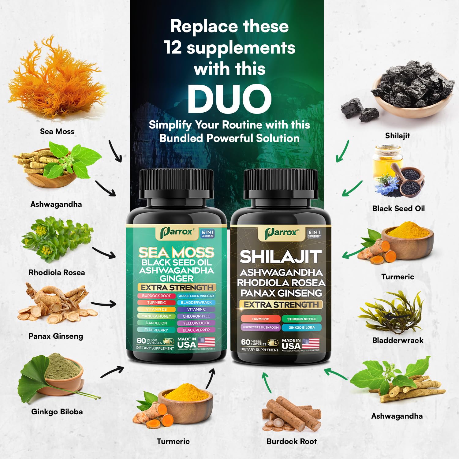 Parrox Shilajit and Sea Moss Bundle, Sea Moss 350mg, Black Seed Oil 200mg, Ashwagandha 100mg, Turmeric, Shilajit 300mg, Rhodiola Rosea 100mg, Panax Ginseng 50mg, Dynamic Vitality Bundle (2 Pack) ParroxAu supplements
