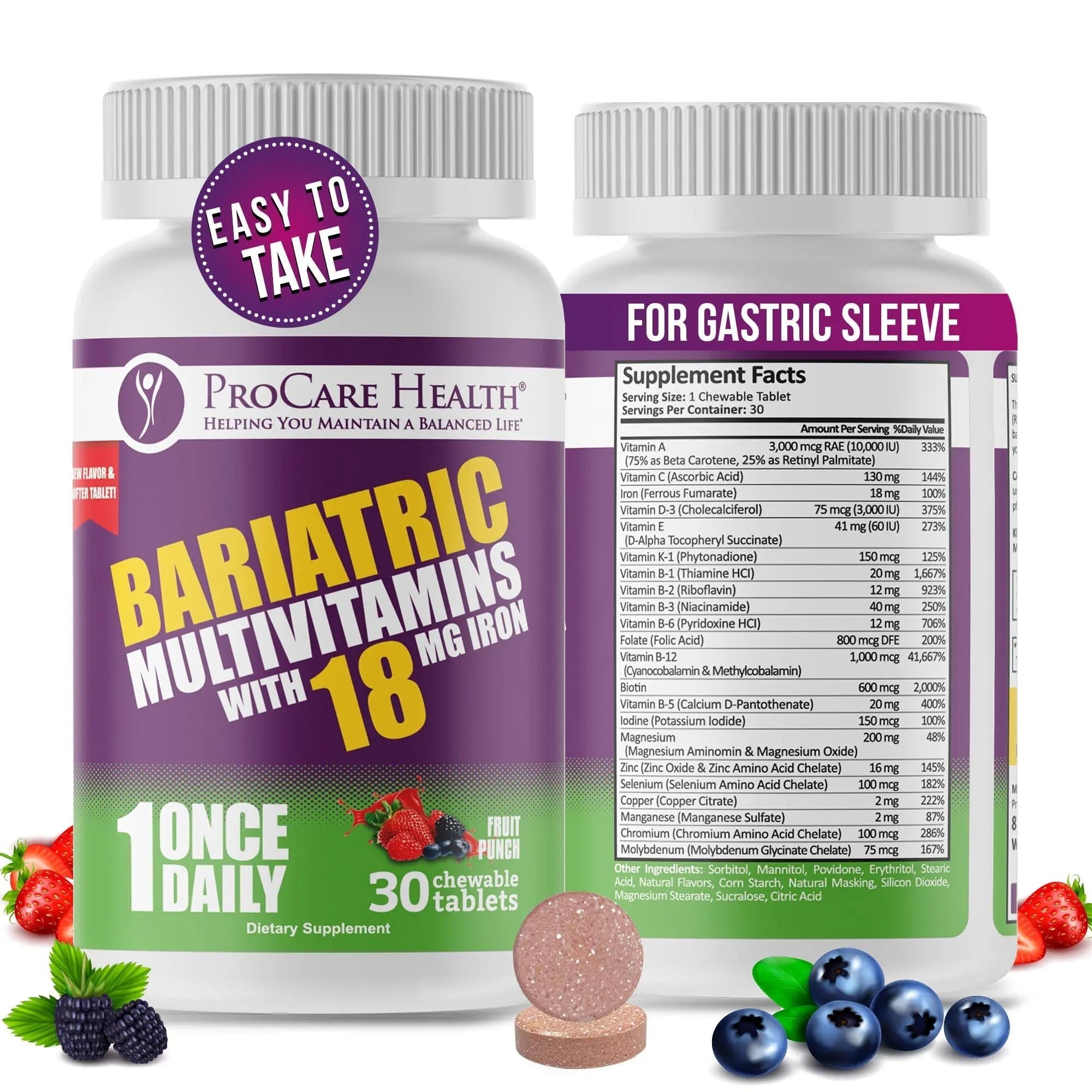 ProCare Health Bariatric Chewable Multivitamin with Iron 18mg (30 Tablets) - Fruit Punch Flavor Bariatric Multivitamin Chewable ProCare HealthAu supplements