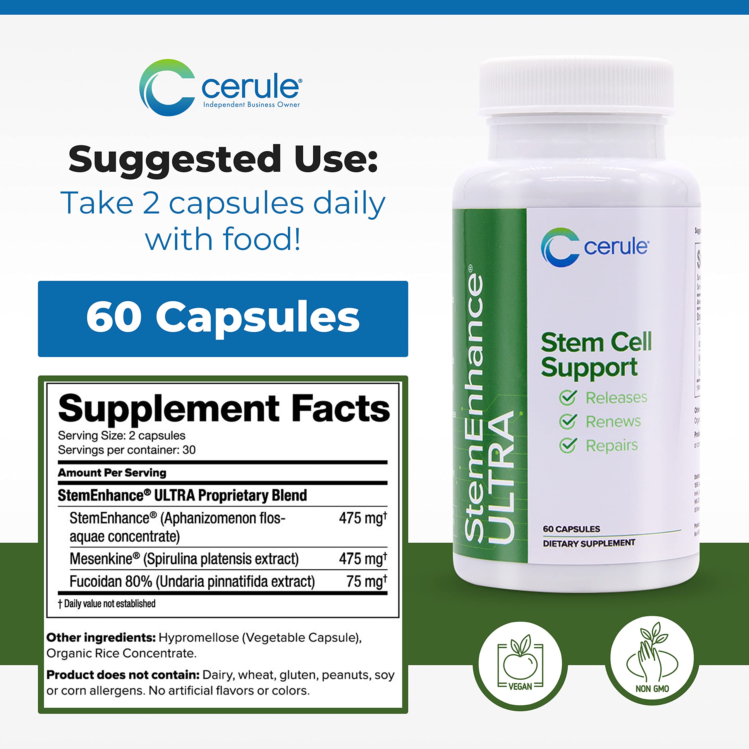 Cerule StemEnhance Ultra Natural Stem Cell Support Supplement – Freshwater Microalgae and Marine Macroalgae Extracts for Cellular Renewal, Immune Function, Energy, and Tissue Recovery – 60 Capsules CeruleAu supplements