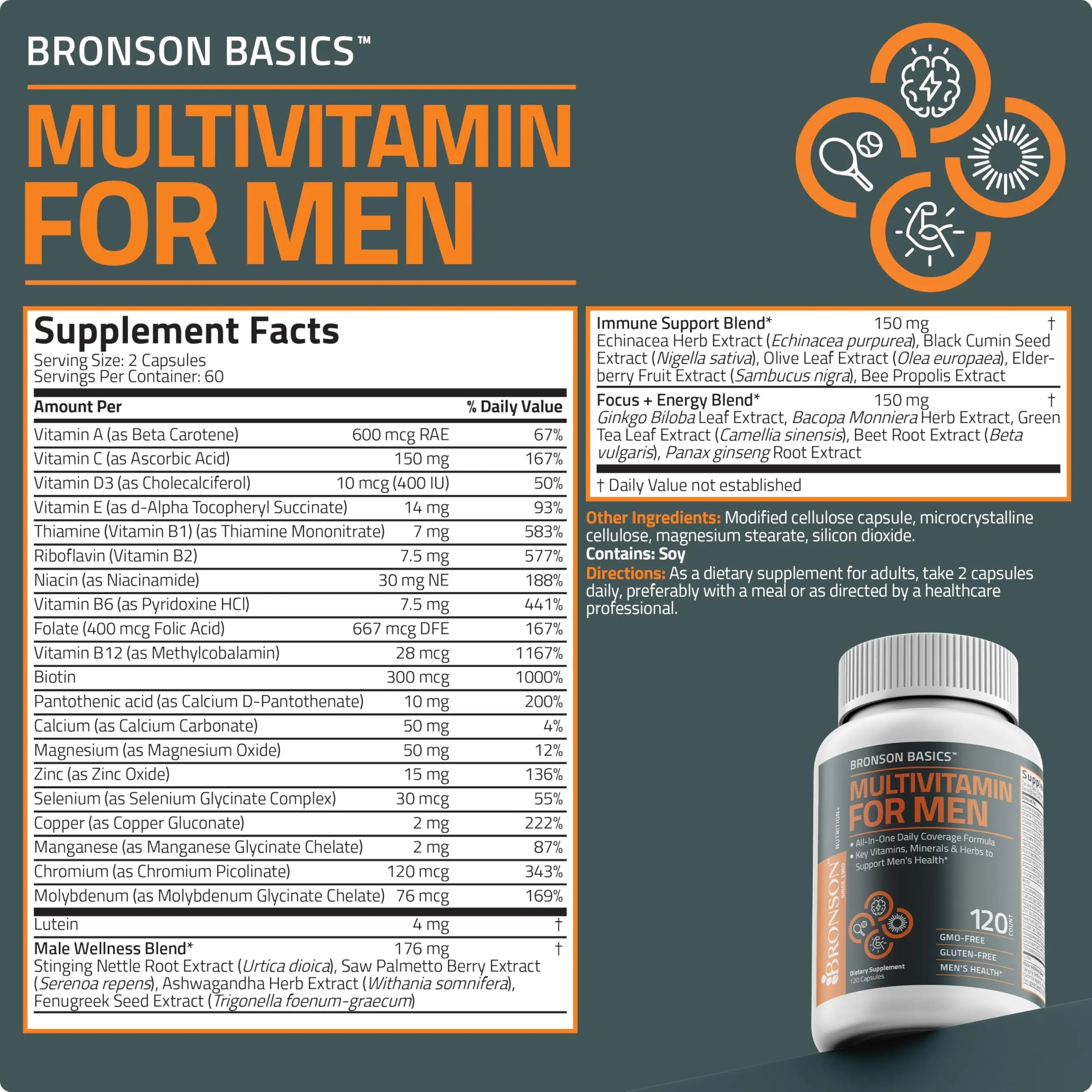 Bronson Multivitamin for Men All-in-One Daily Coverage Formula Key Vitamins, Minerals & Herbs to Support Men's Health, 120 Capsules BronsonAu supplements