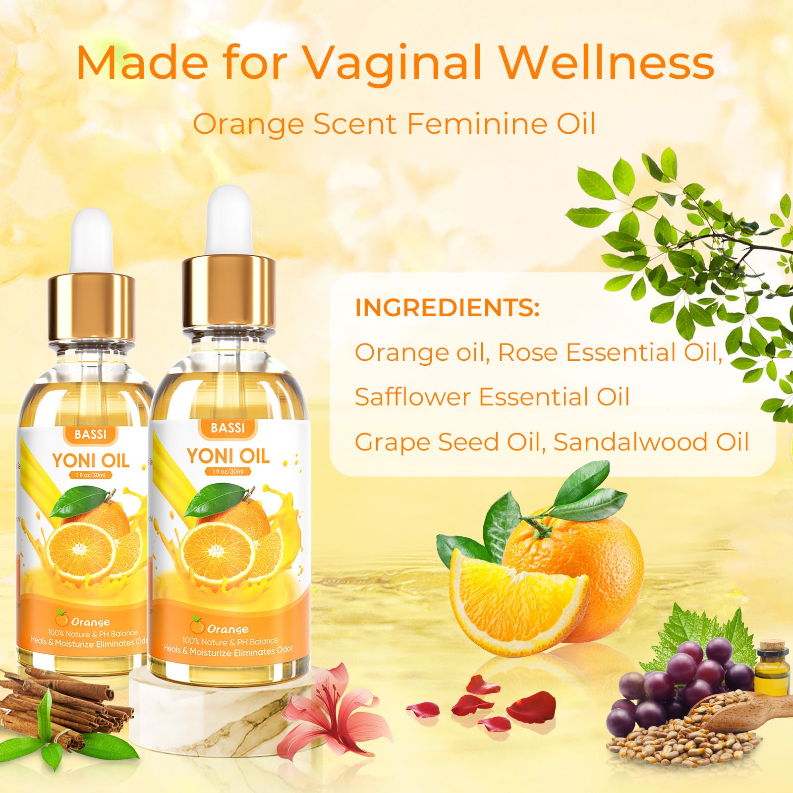 BASSI 2PCS Yoni Oil Organic Feminine Oil Vaginal Moisturizer - Ph Balance for Women - Feminine Deodorant BASSIAu supplements