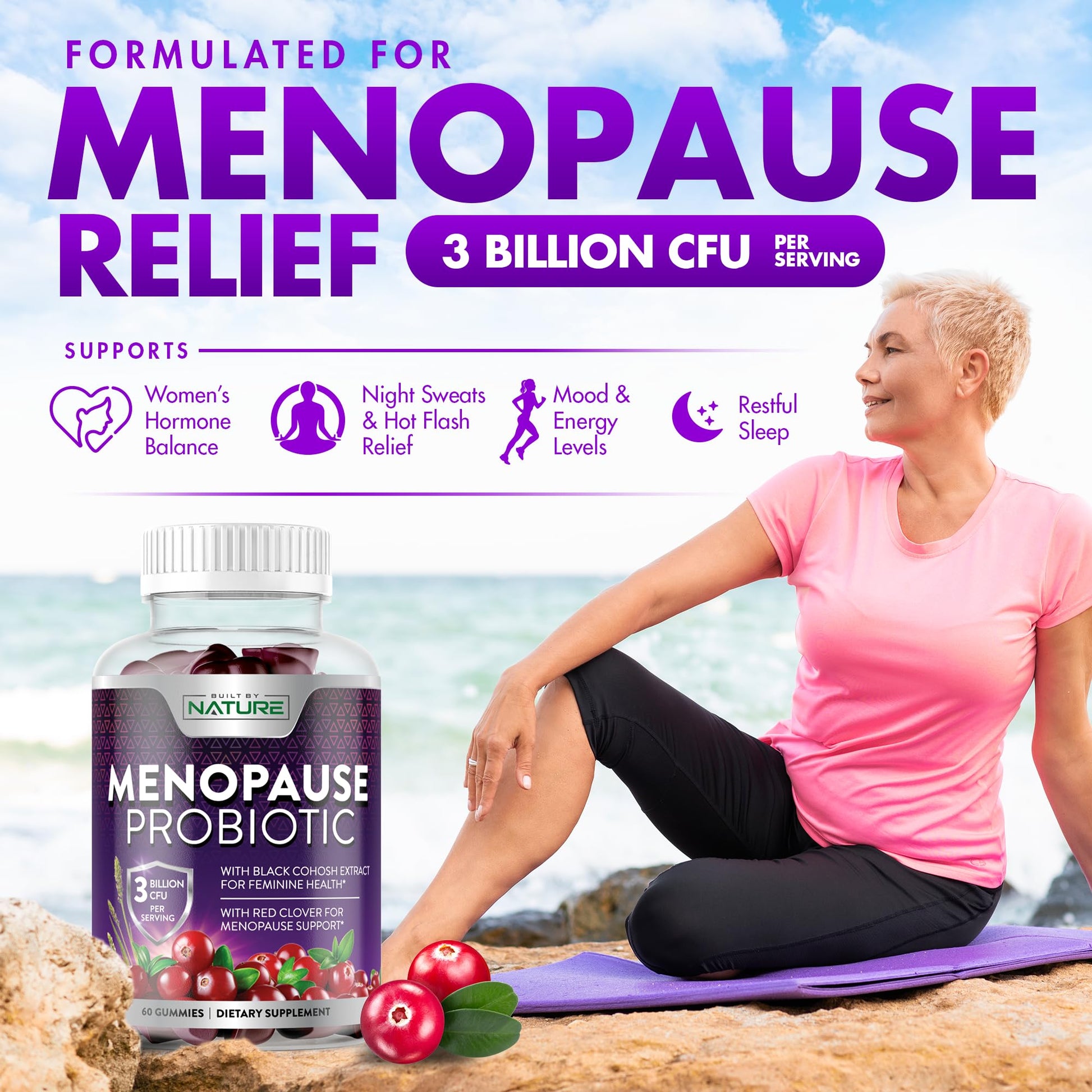 Menopause Supplements for Women - Menopause Probiotic Gummy - Women’s Menopause Relief for Hot Flashes, Night Sweats & Mood Swings with Black Cohosh & Cranberry - Non-GMO, Vegan - 60 Gummies Built by NatureAu supplements