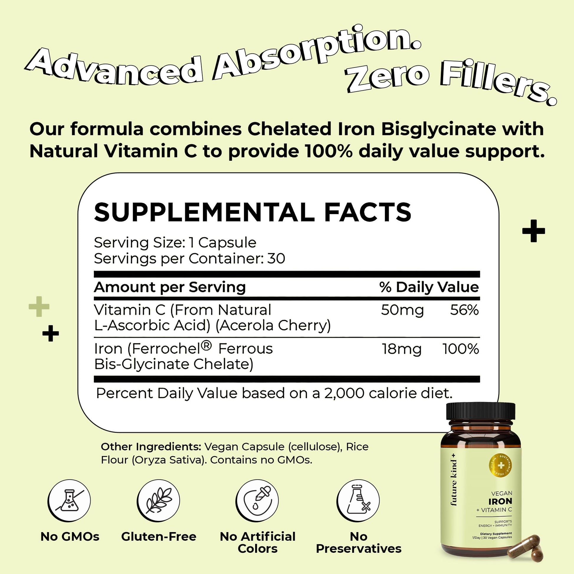 Future Kind Iron Supplement for Women and Men, Daily Energy & Focus, Chelated Iron Bisglycinate, 18mg 100% DV with Vitamin C for Absorption - Gentle on Stomach, Non-GMO Vegan Capsules, 30 Day Supply Future KindAu supplements
