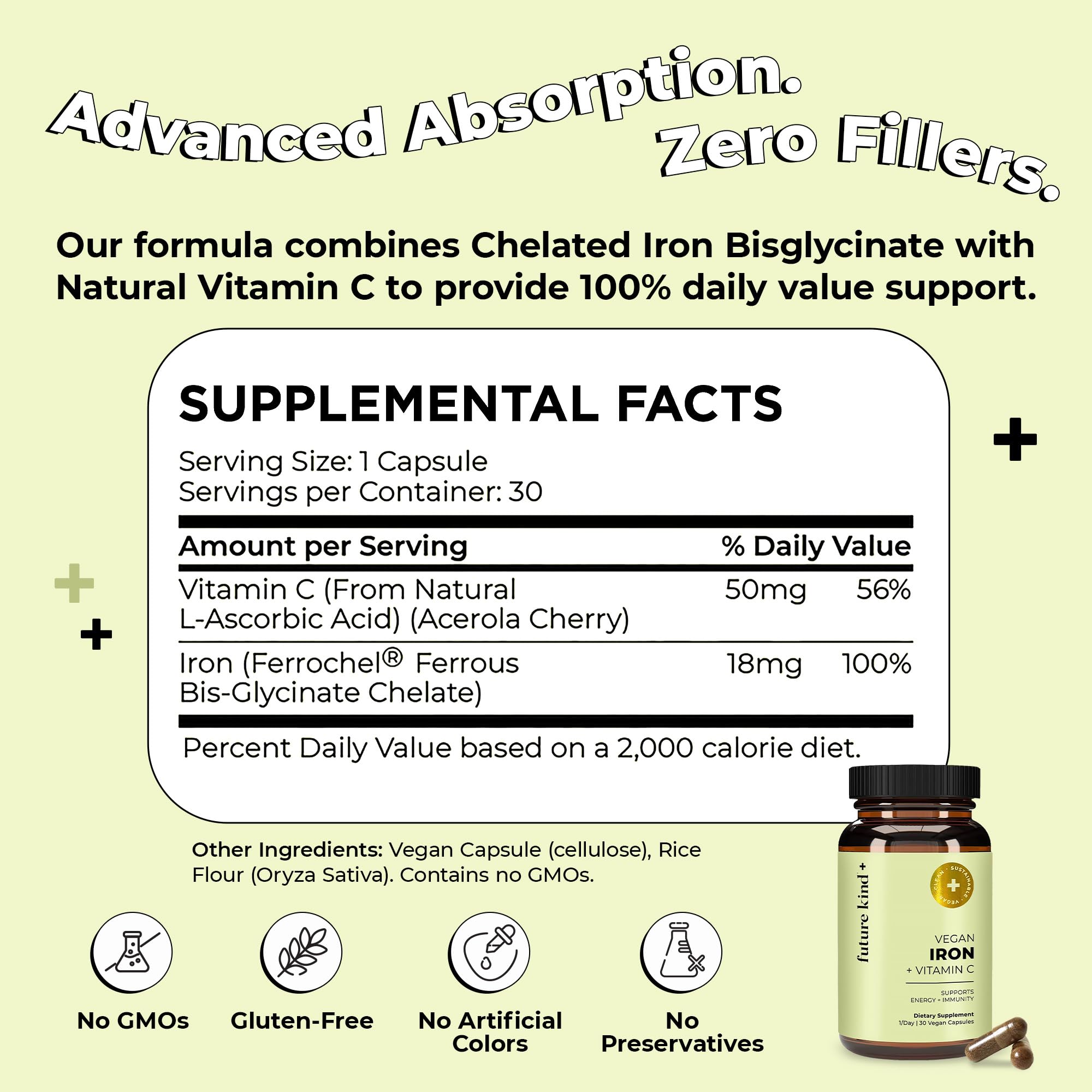 Future Kind Iron Supplement for Women and Men, Daily Energy & Focus, Chelated Iron Bisglycinate, 18mg 100% DV with Vitamin C for Absorption - Gentle on Stomach, Non-GMO Vegan Capsules, 30 Day Supply Future KindAu supplements