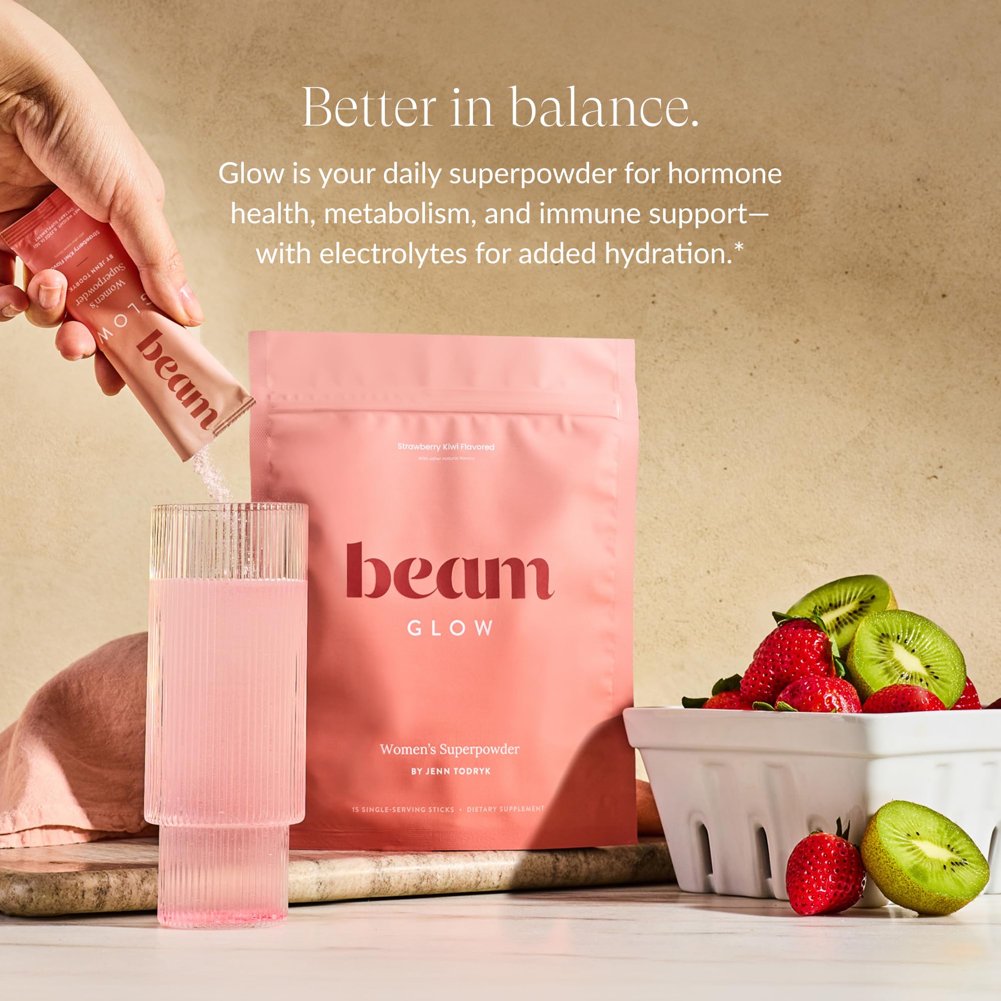 Beam Glow, Hormone Balance for Women, Strawberry Kiwi and Raspberry Bundle, Thyroid Support for Women, Natural Hormone Support Powder with Selenium and Bromelain, PMS Relief, Energy, Hair, Skin Health BeamAu supplements