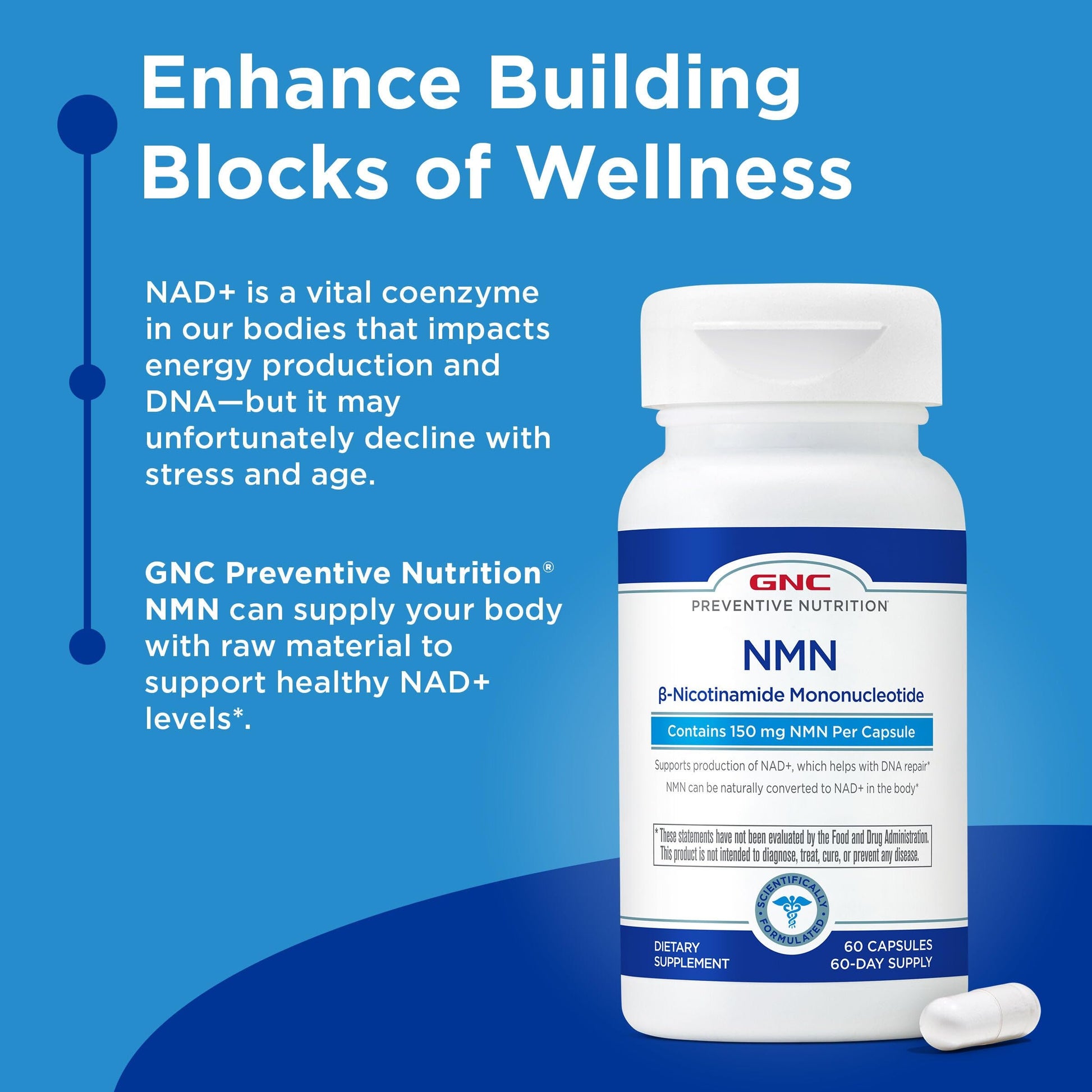 GNC Preventive Nutrition NMN, 150 mg, NAD+ Booster Supplement for Cellular Energy & DNA Repair, Anti-Aging Support, 60 Capsules, Gluten Free, 60 svg GNCAu supplements