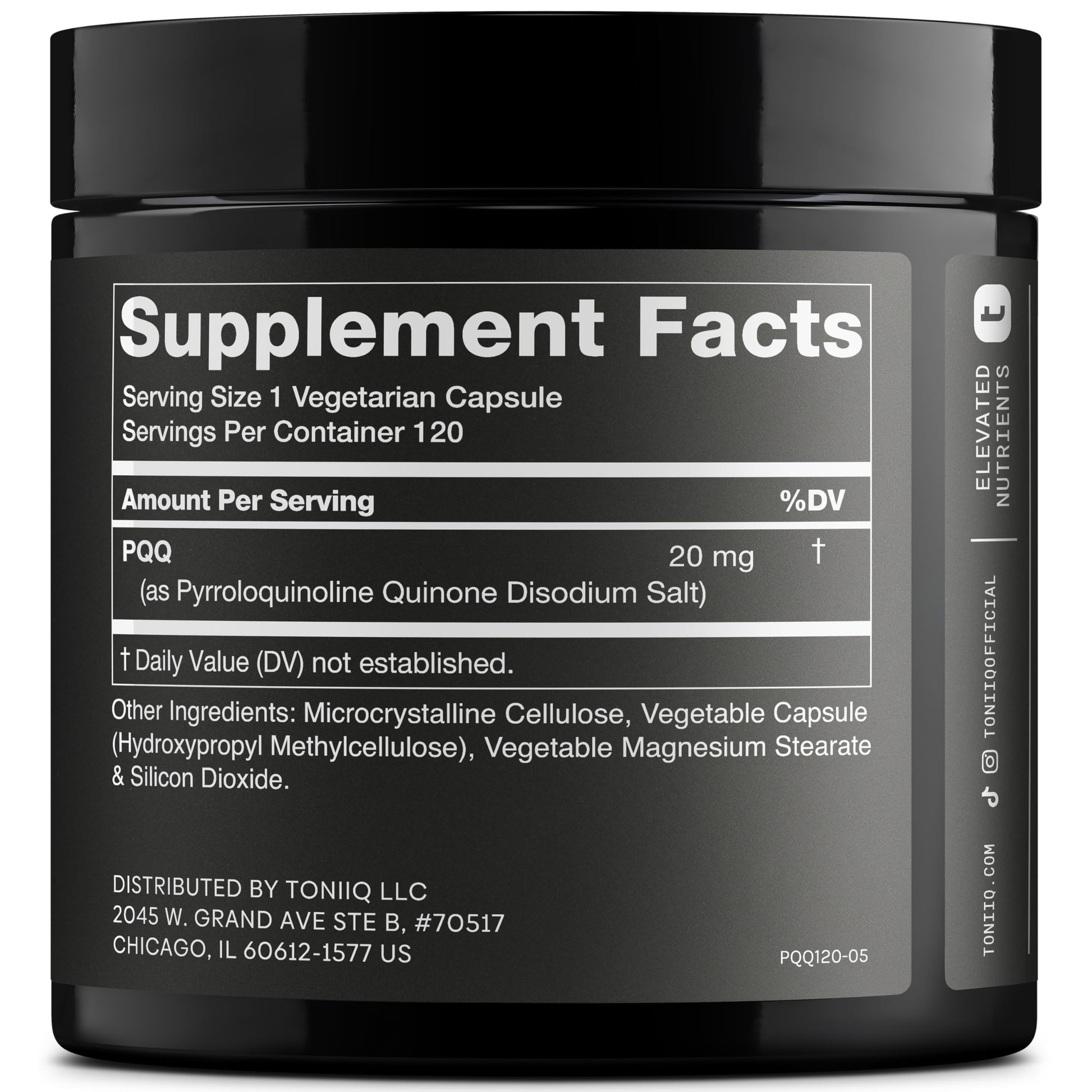 Toniiq 99%+ 20mg Supplement - Ultra High Purity PQQ 20mg Concentrated Formula - PQQ 20 mg 120 Capsules - Pyrroloquinoline Quinone Supplement - 1 Capsule Serving - Vegetarian Capsules ToniiqAu supplements