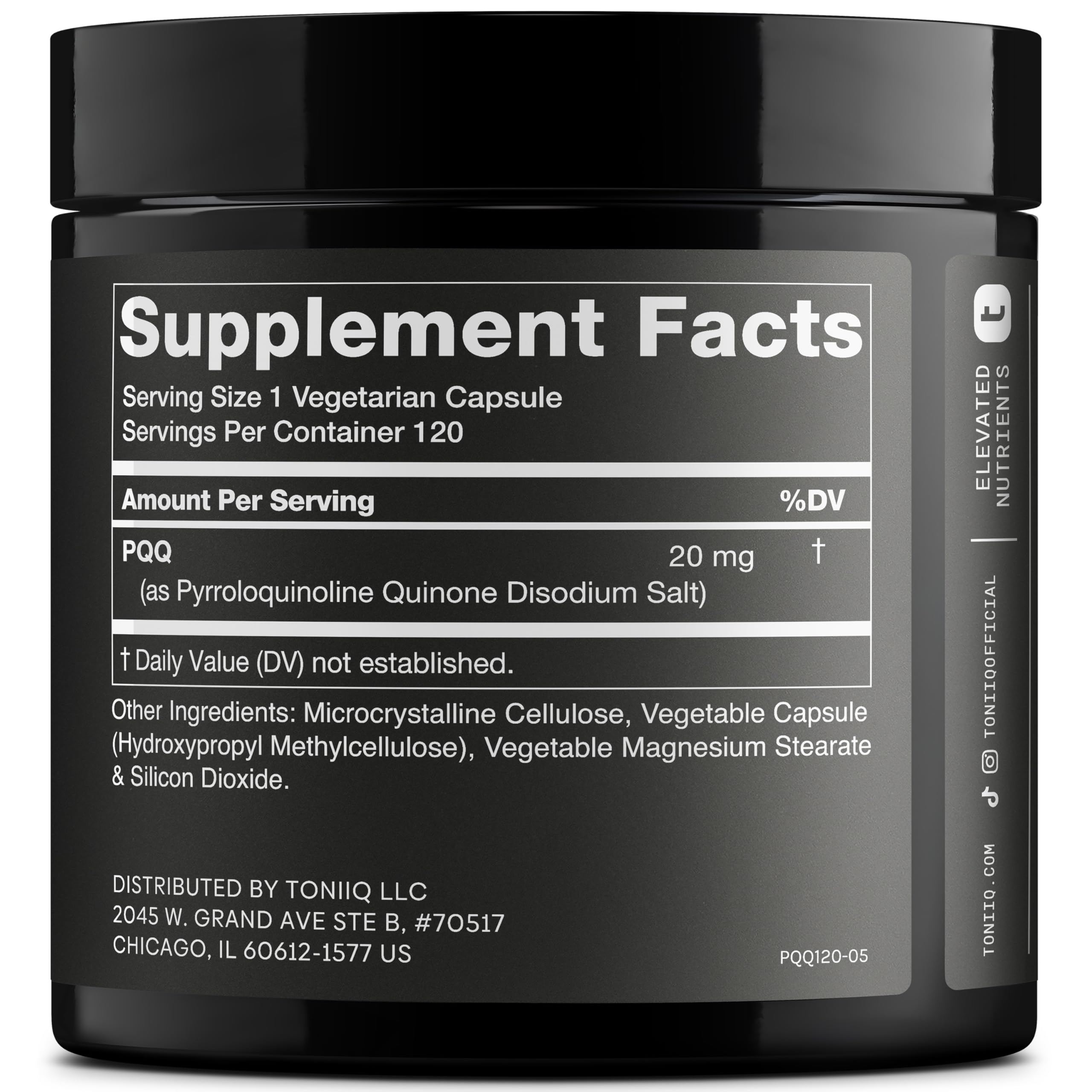 Toniiq 99%+ 20mg Supplement - Ultra High Purity PQQ 20mg Concentrated Formula - PQQ 20 mg 120 Capsules - Pyrroloquinoline Quinone Supplement - 1 Capsule Serving - Vegetarian Capsules ToniiqAu supplements